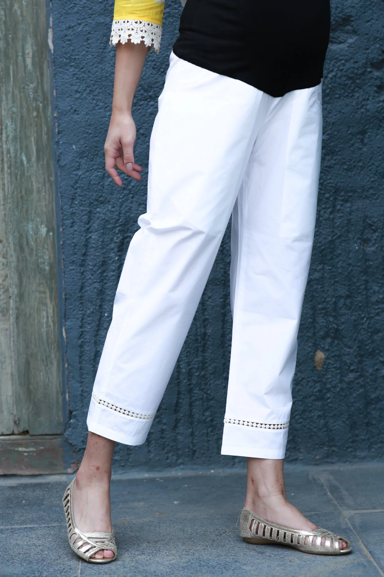White Cotton Over The Bump Pants (100% Cotton) - Chenance