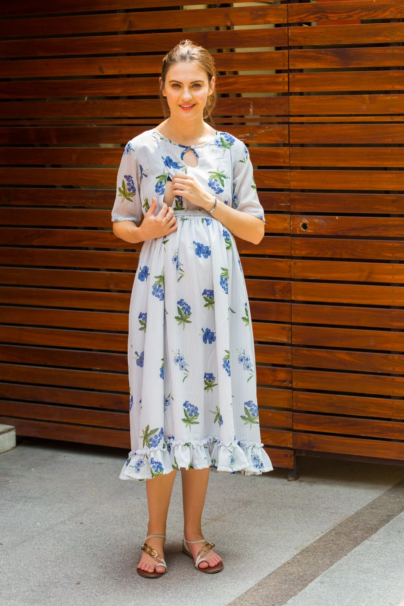 Rose Striped Concealed Zips Nursing Dress - Chenance