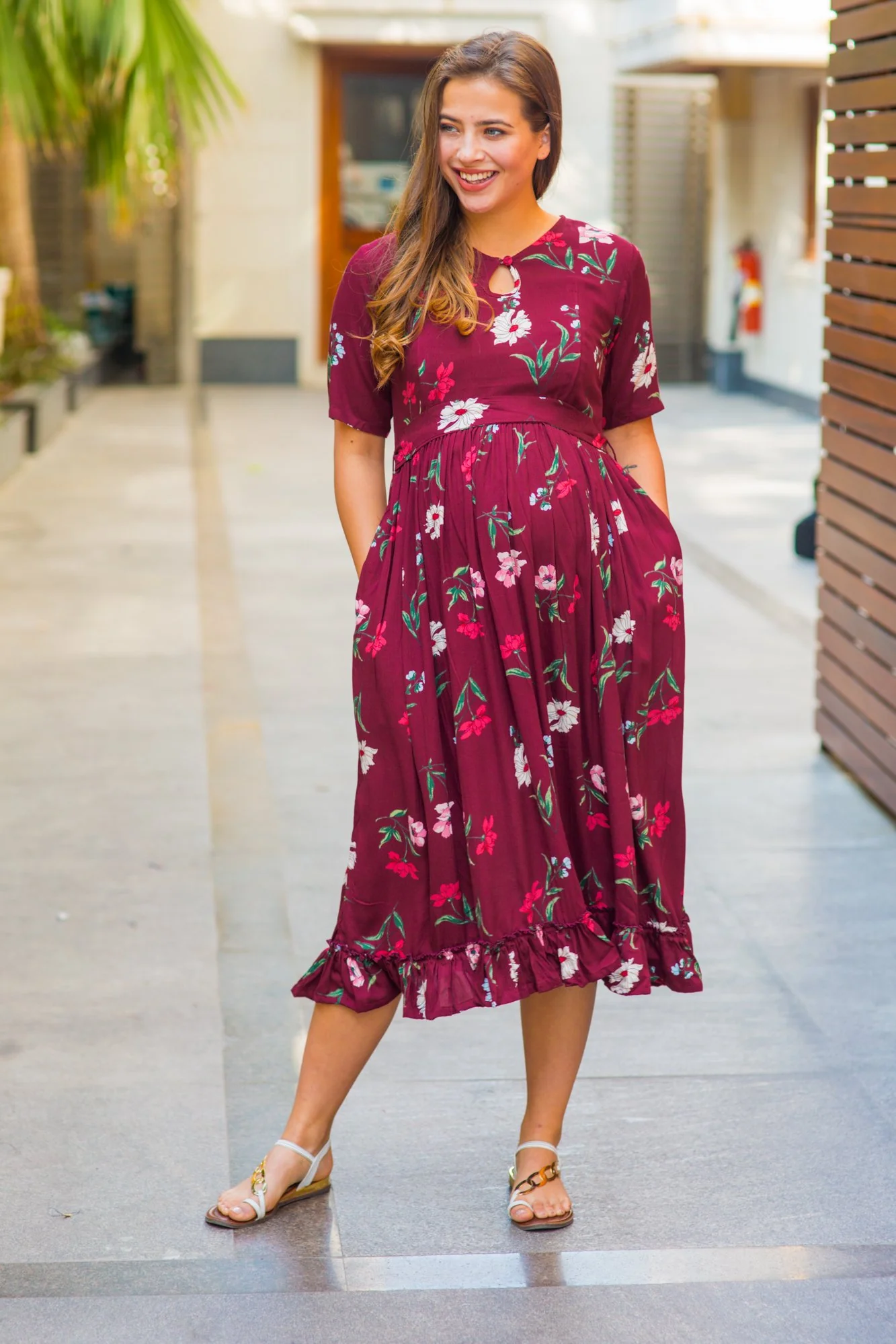 Berry Floral Frill Crepe Concealed Zips Maternity & Nursing Dress - Chenance