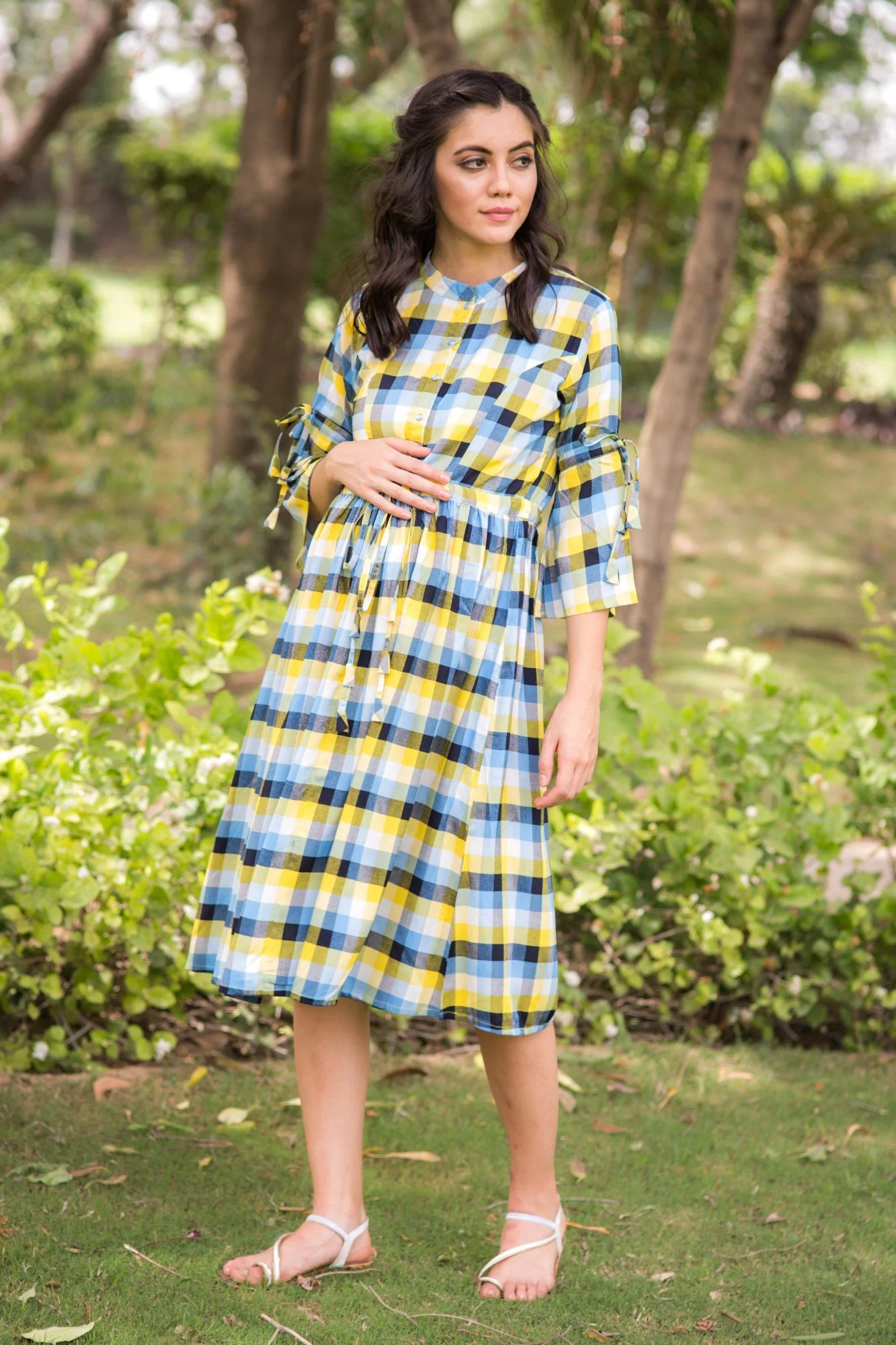 Baby Yellow Plaid Maternity & Nursing Kurta Dress - Chenance