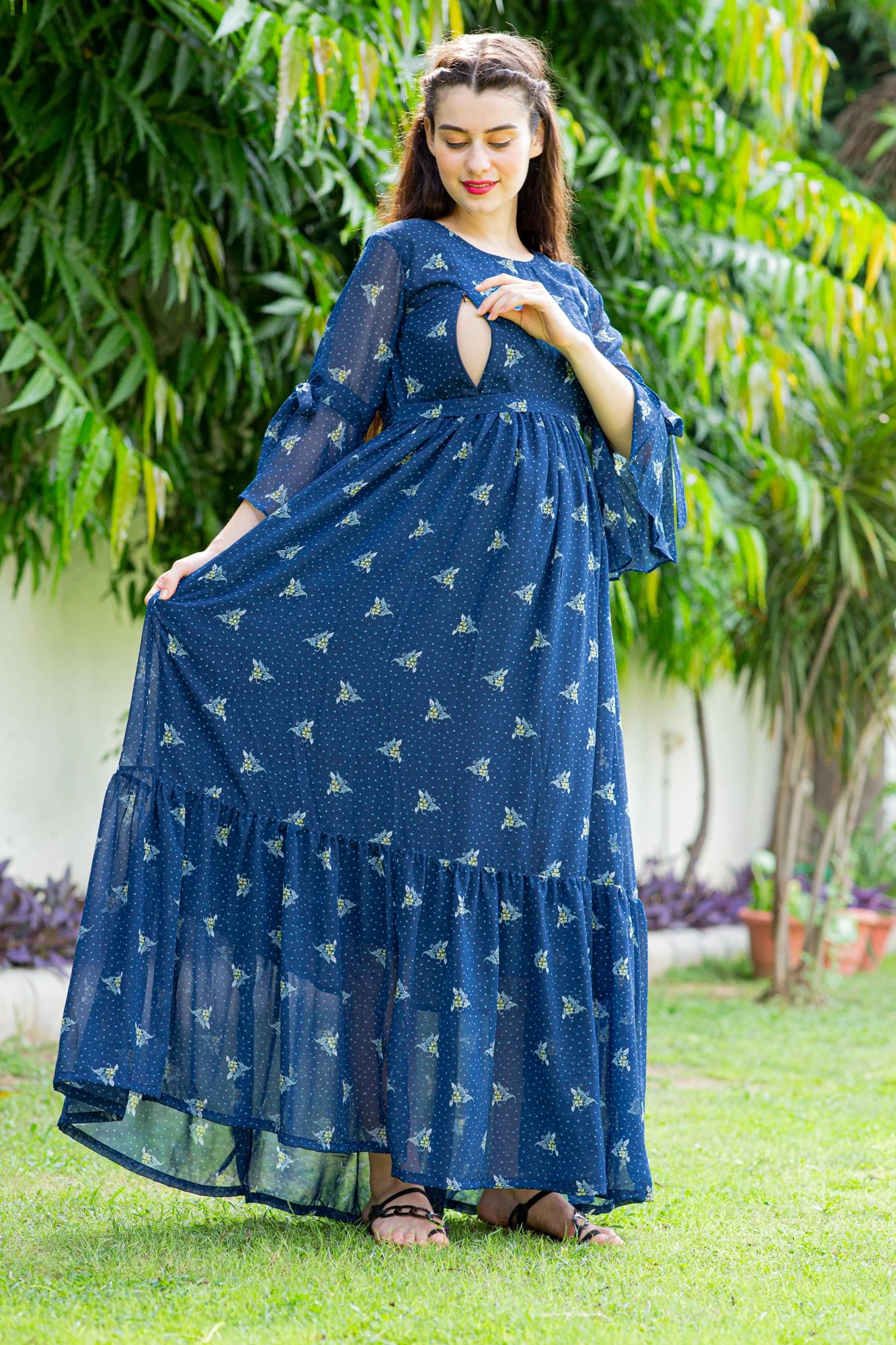 Blue High Maternity & Nursing Frill Dress - Chenance