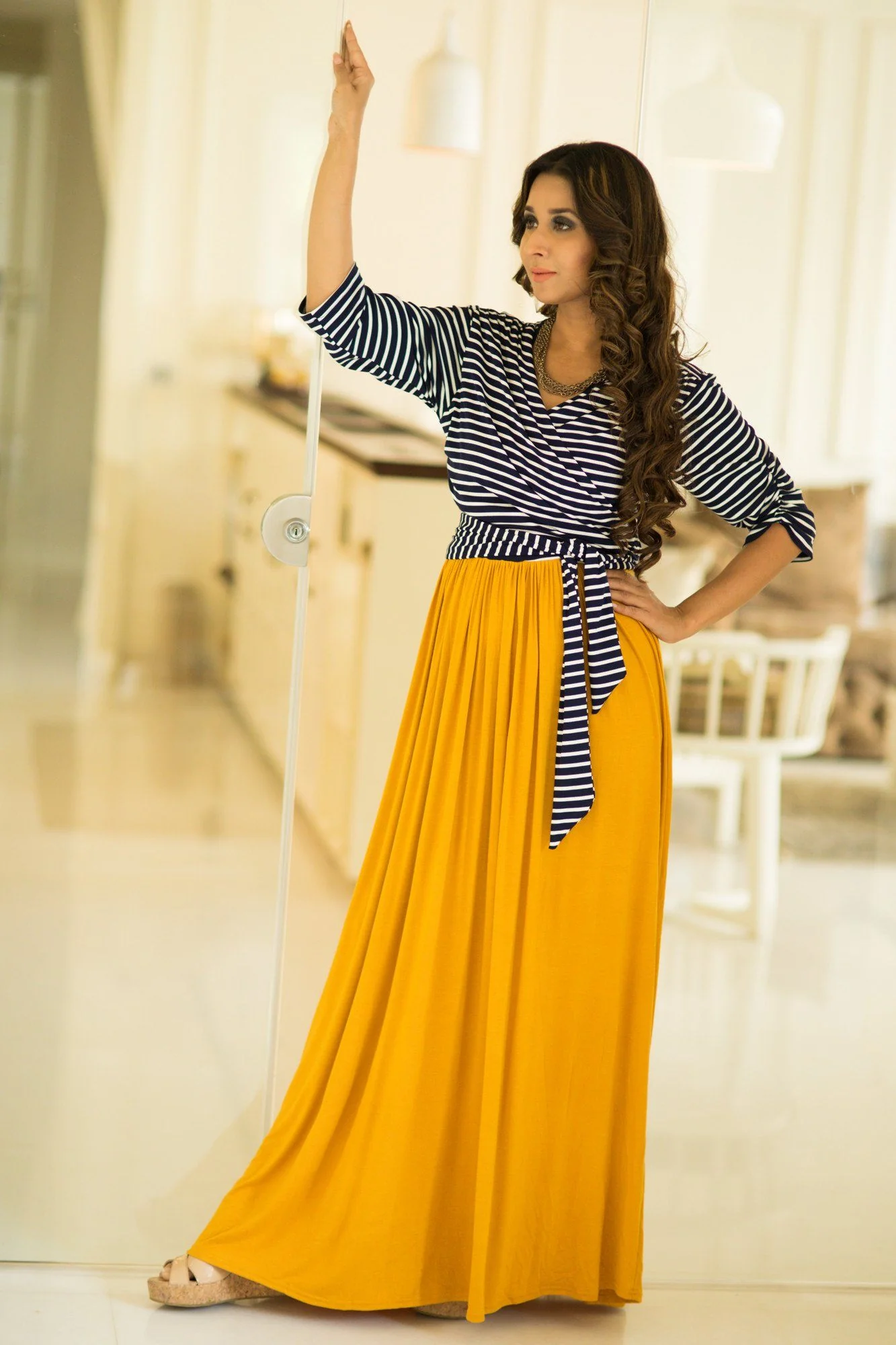 Nautical Mustard Orange Maternity & Nursing Wrap Dress - Chenance