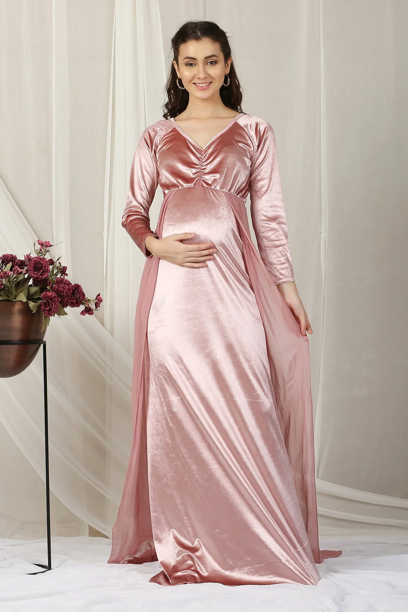 Luxe Sage Pink Trail Maternity Photoshoot Gown - Chenance