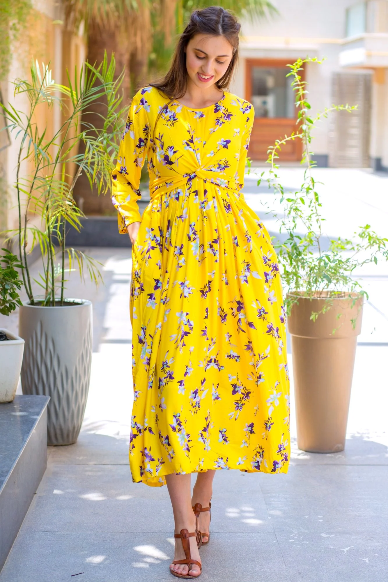 Cheery Yellow Floral Knot Maternity Midi Dress - Chenance