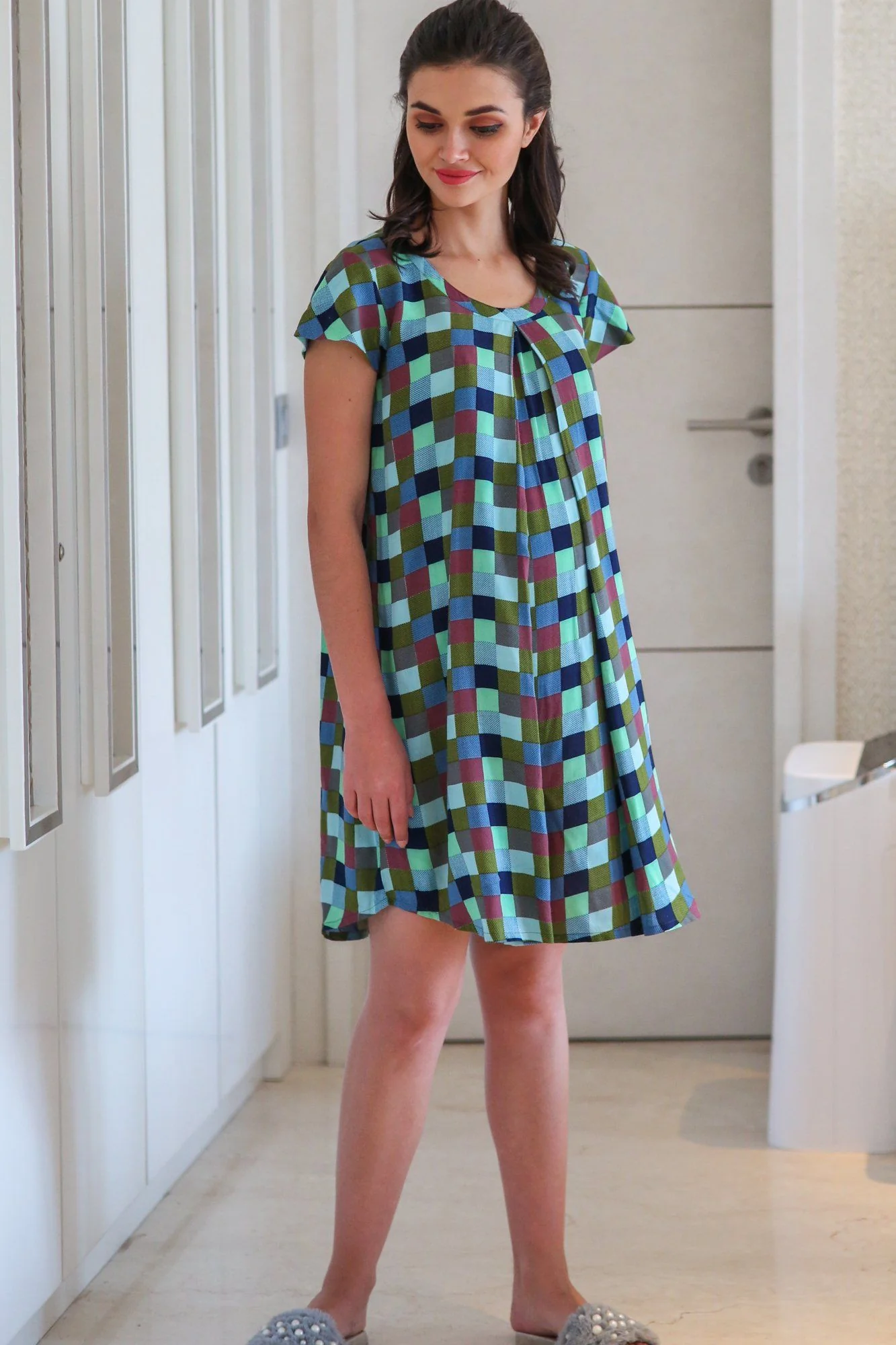 Soft Comfy Moss Plaid Nursing Night Dress - Chenance