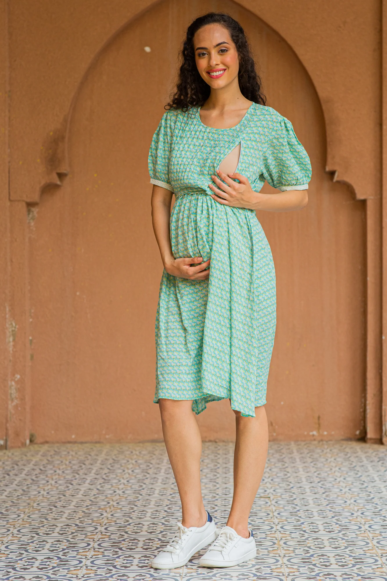 Pistachio Floral Maternity & Nursing Pintucks Knee Dress - Chenance