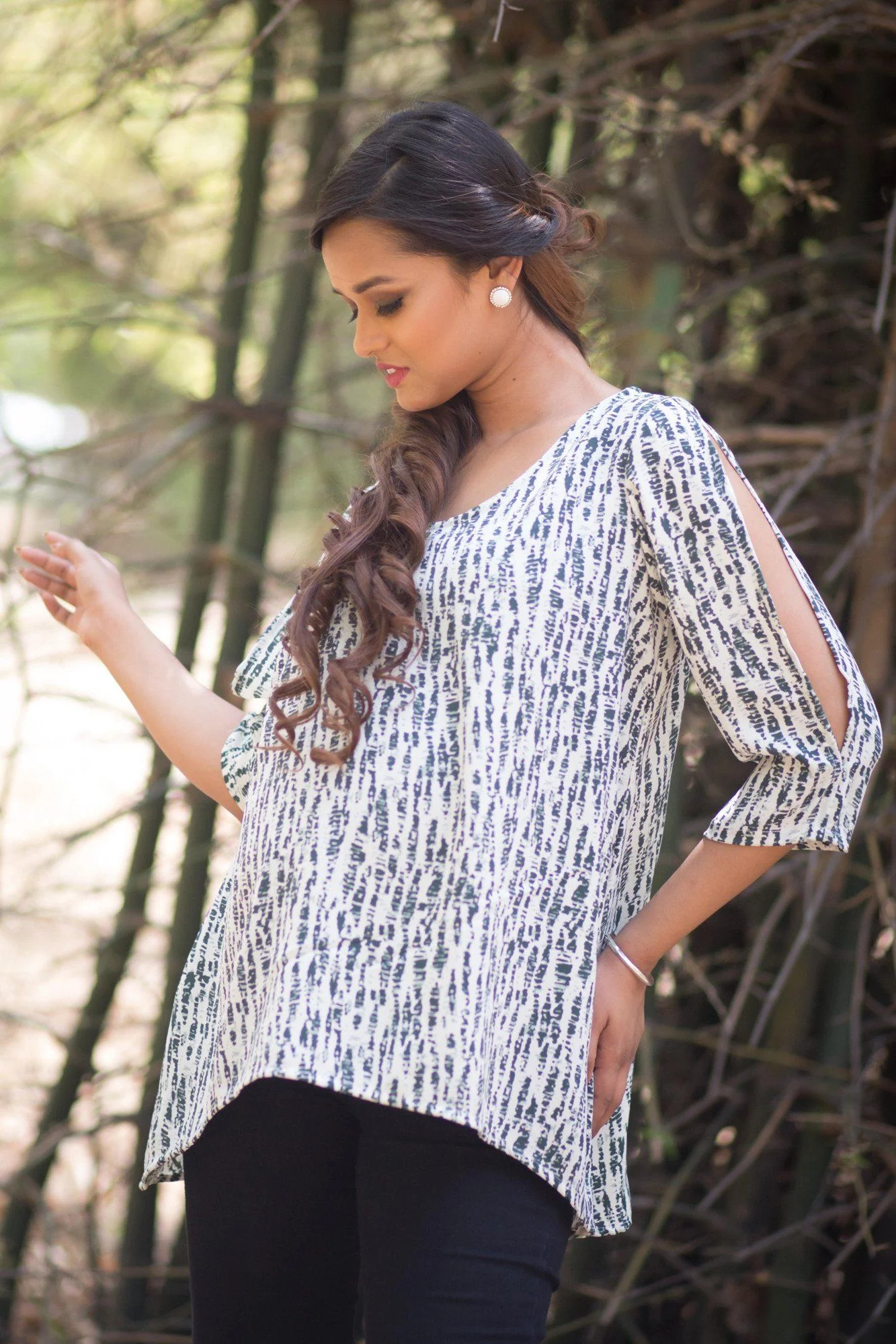 Serene White And Green Sleeve Cut Maternity Top - Chenance