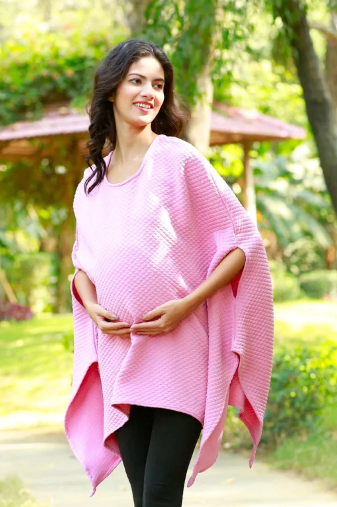 Cheerful Baby Pink Quilted Maternity Wool Poncho - Chenance