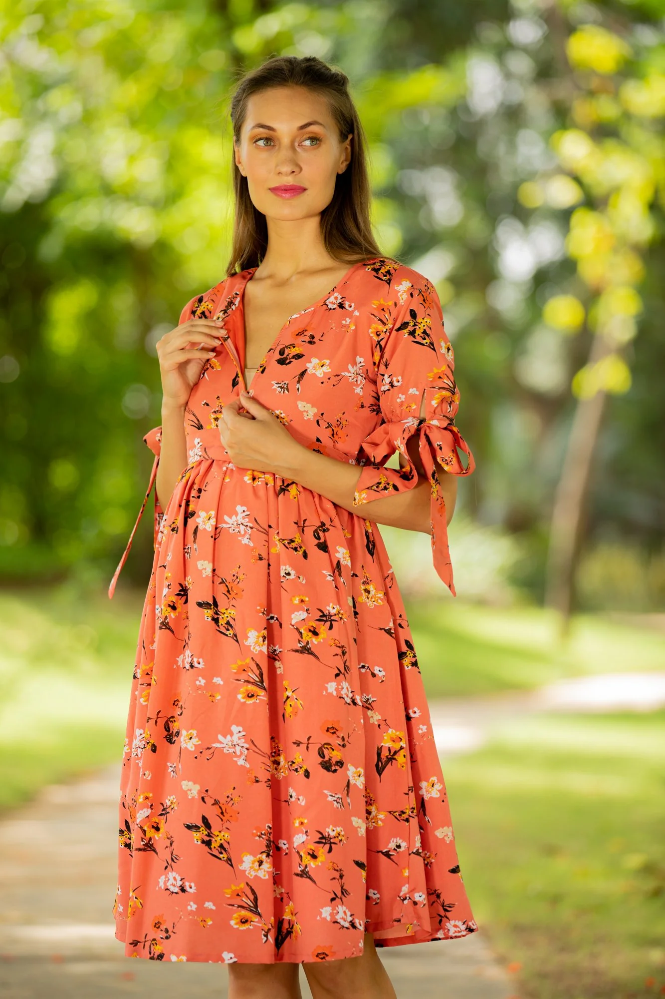 Orange Side Ties Maternity & Nursing Dress - Chenance