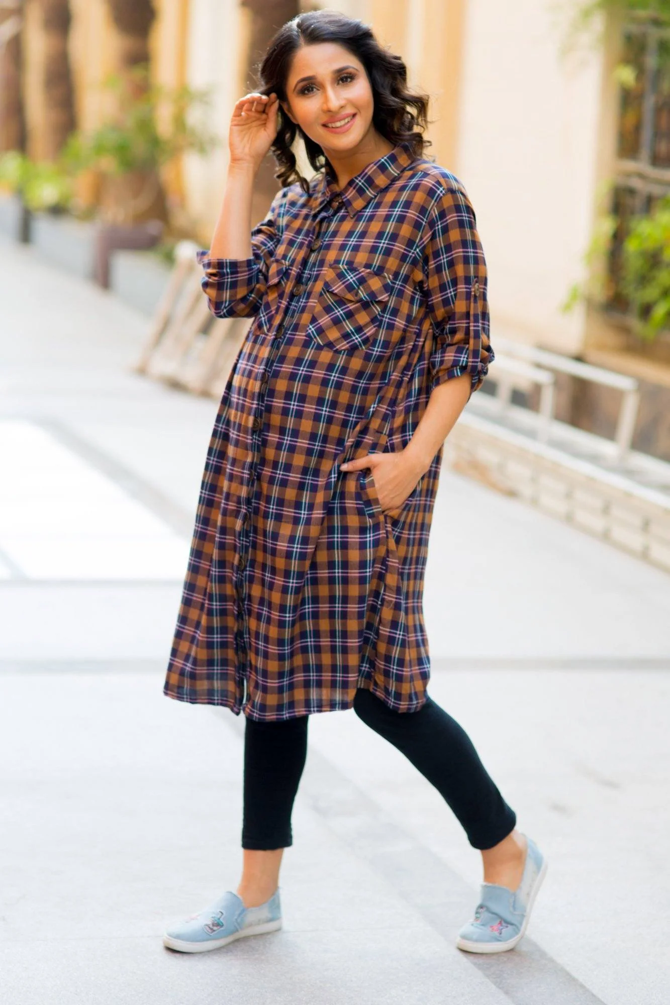 Coffee Brown Plaid Maternity & Nursing Shirt Dress - Chenance