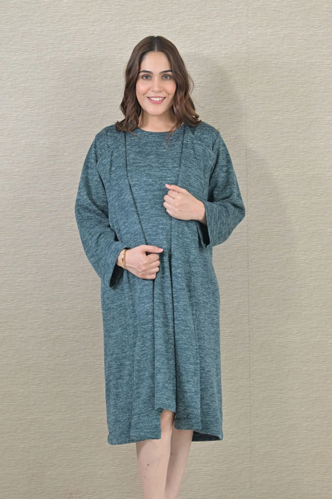 Chic Ocean Green Maternity Winter Dress With Cover Up (2pc) - Chenance