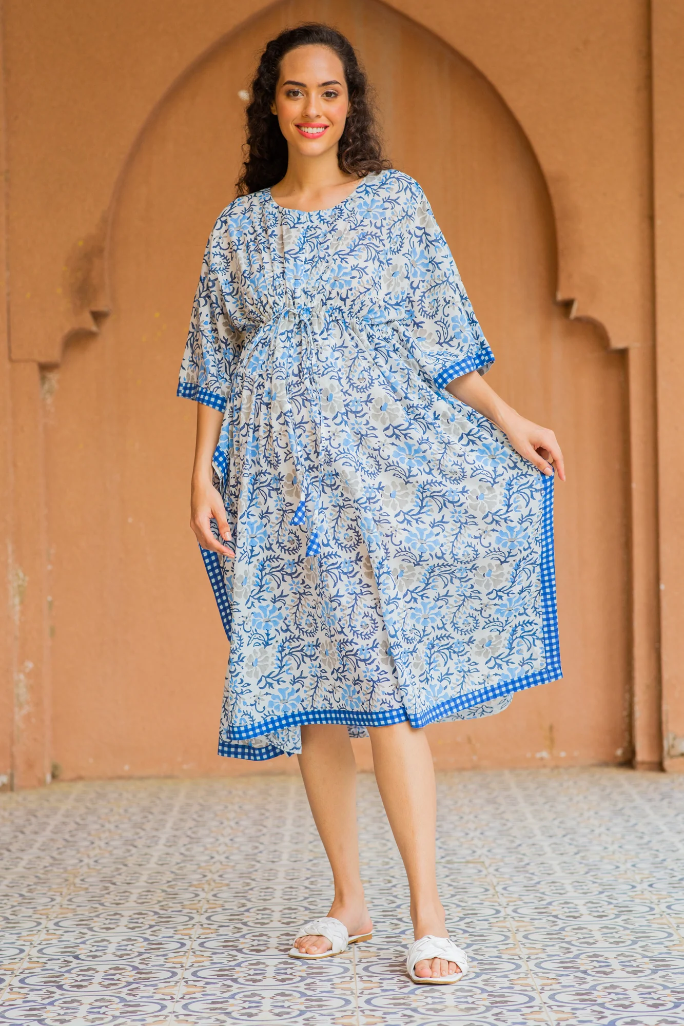 Angelic White Cotton Floral Maternity & Nursing Kaftan (100% Cotton) - Chenance