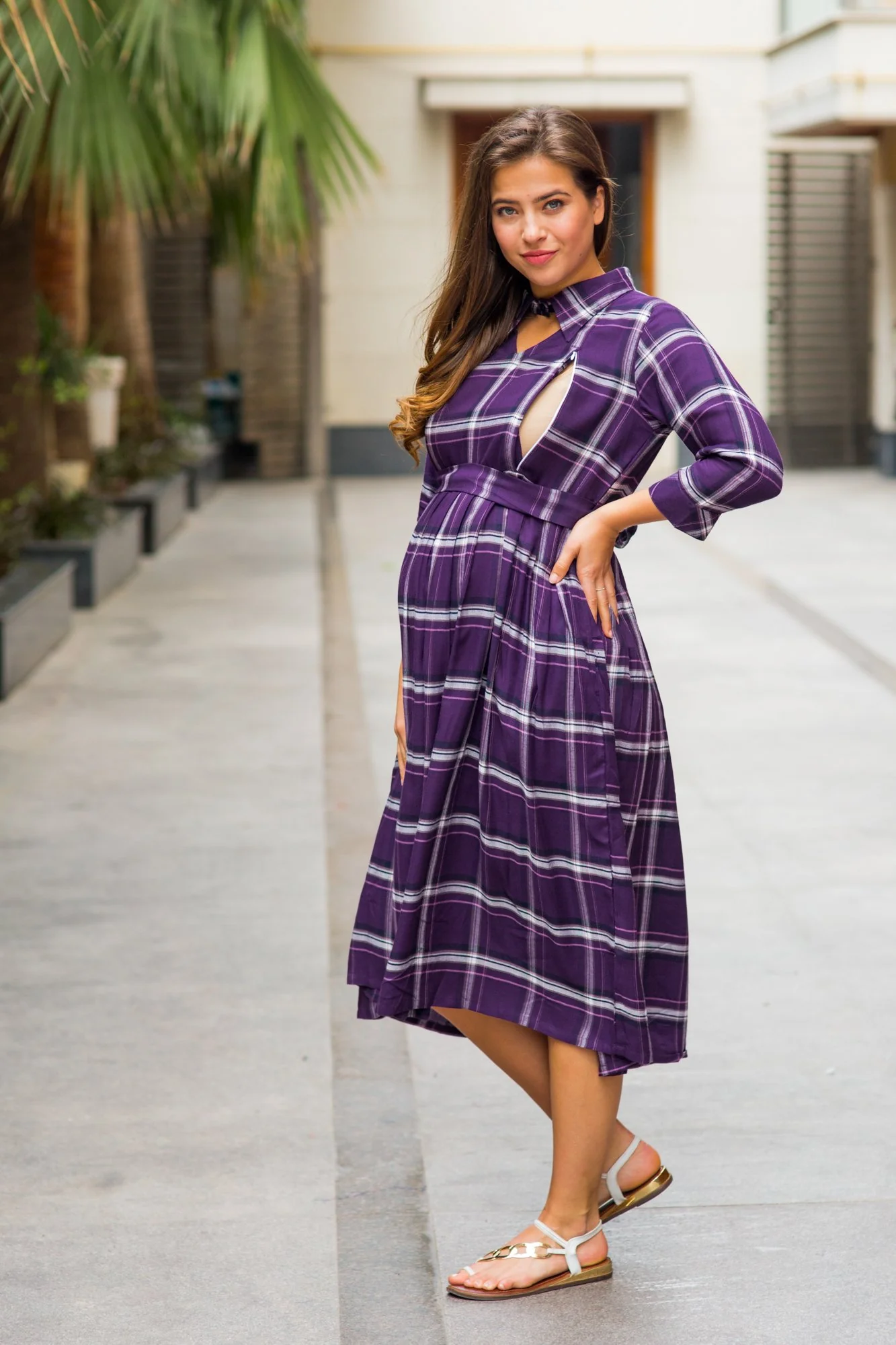 Slick Violet Plaid Maternity & Nursing Button Dress - Chenance