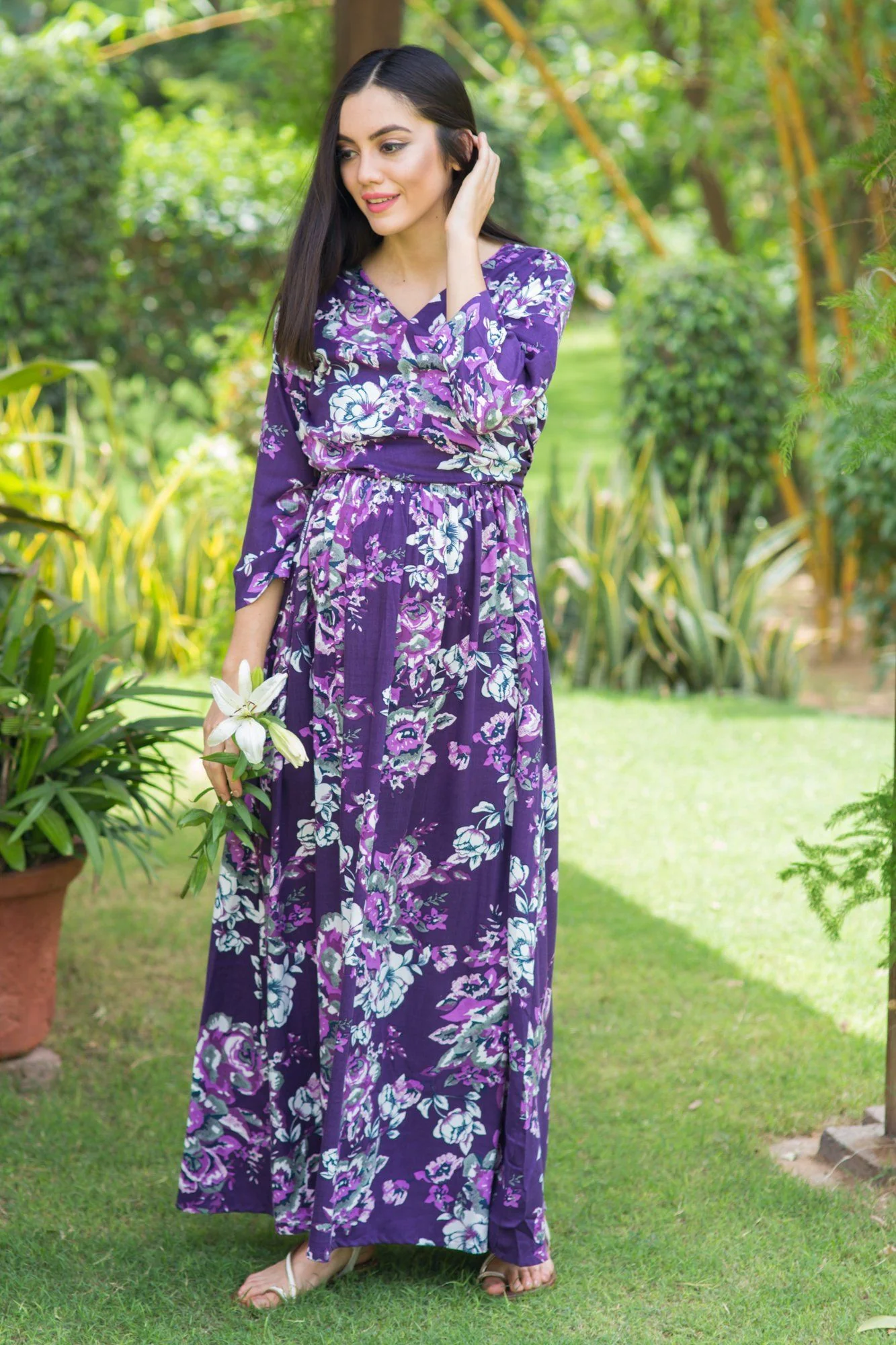 Lilac Floral Cotton Nursing Wrap Dress - Chenance