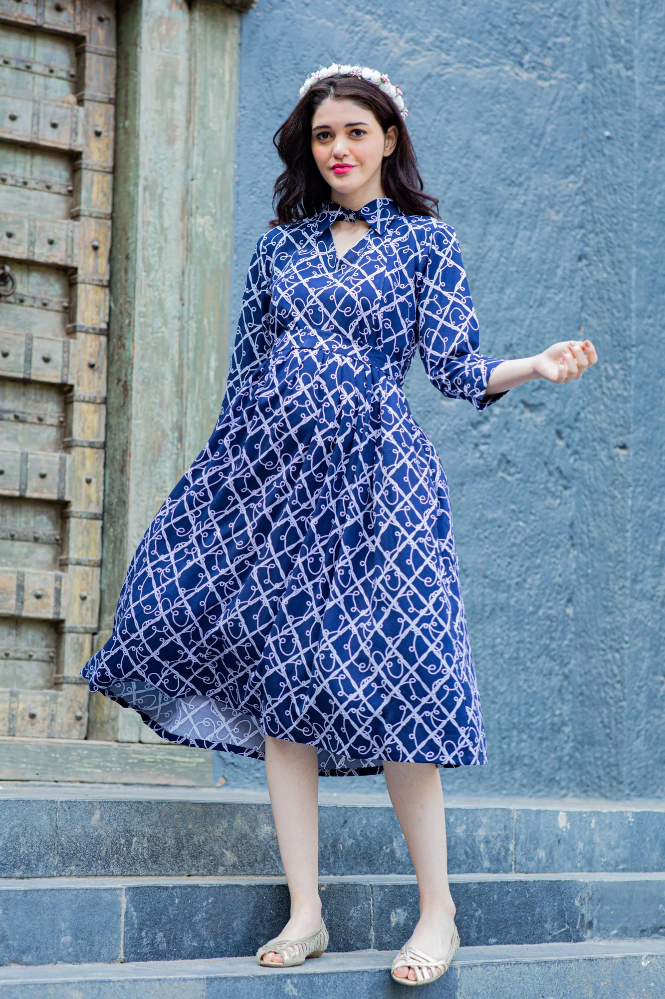 Classic Navy Abstract Maternity & Nursing Button Dress - Chenance