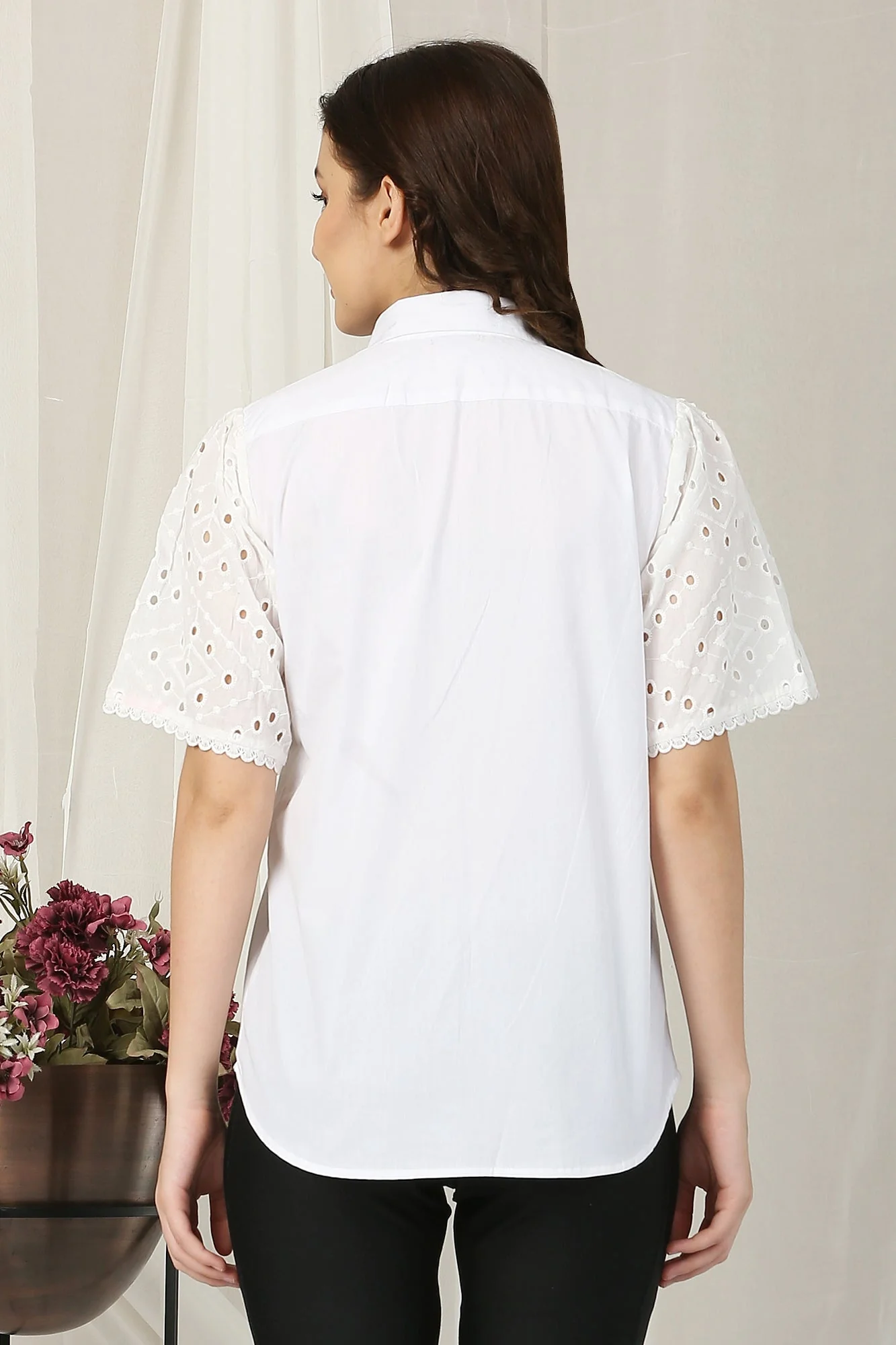 Women Classic Snow White Adorned Pocket Shirt (100% Cotton) - Chenance