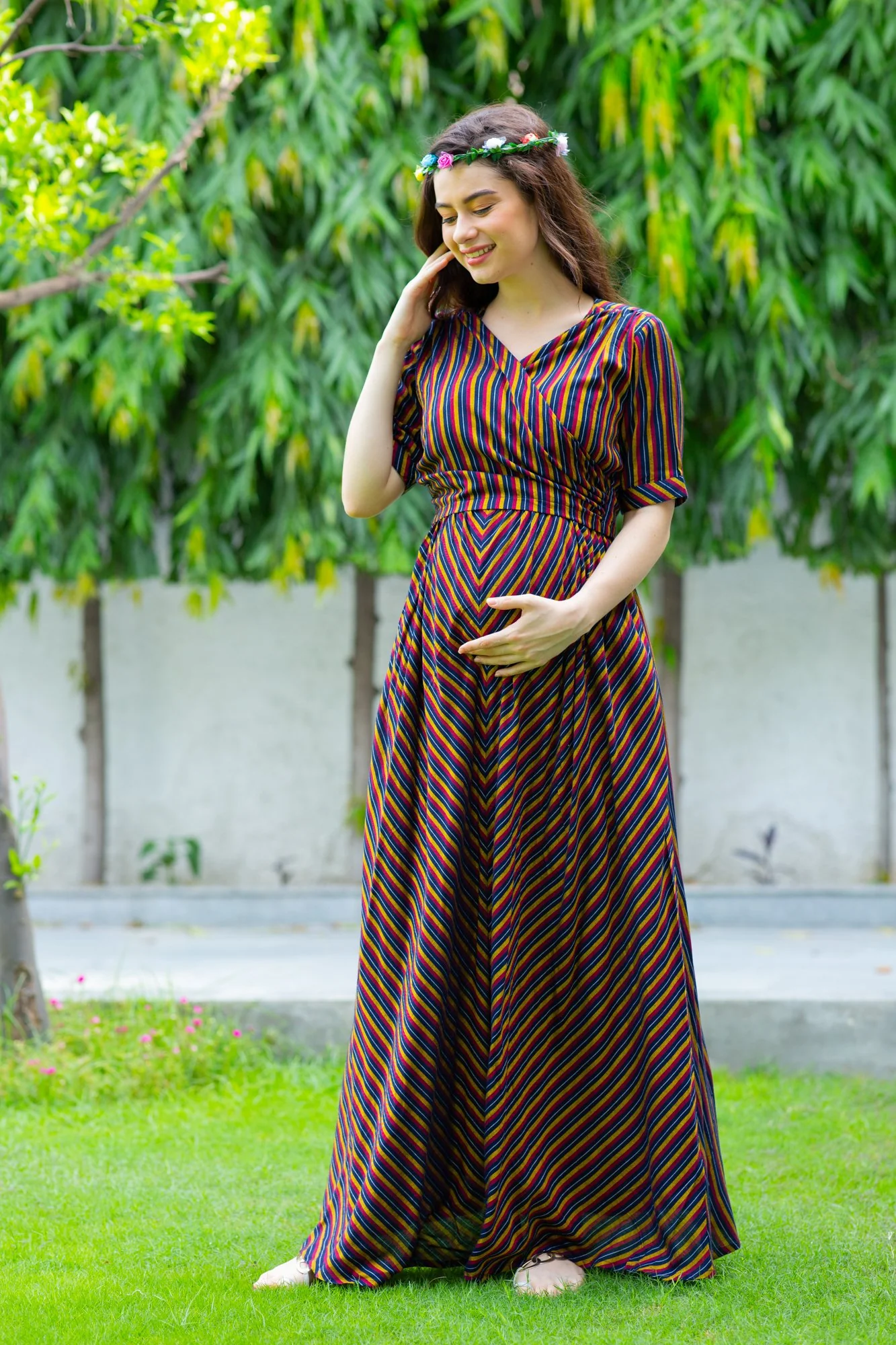 Chocolate Striped Maternity & Nursing Wrap Dress - Chenance