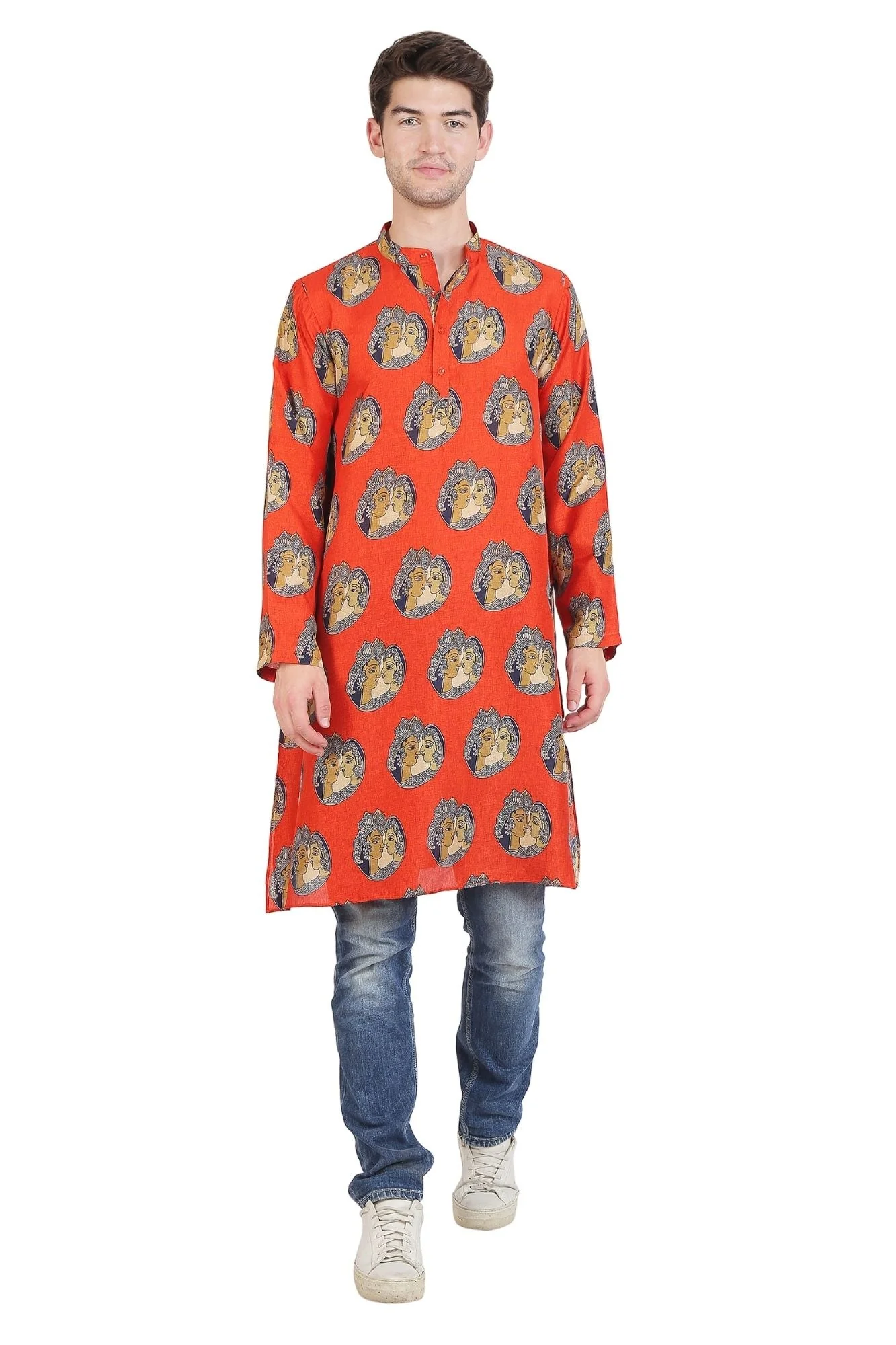 Men Apricot Kalamkari Printed Silk Kurta - Chenance