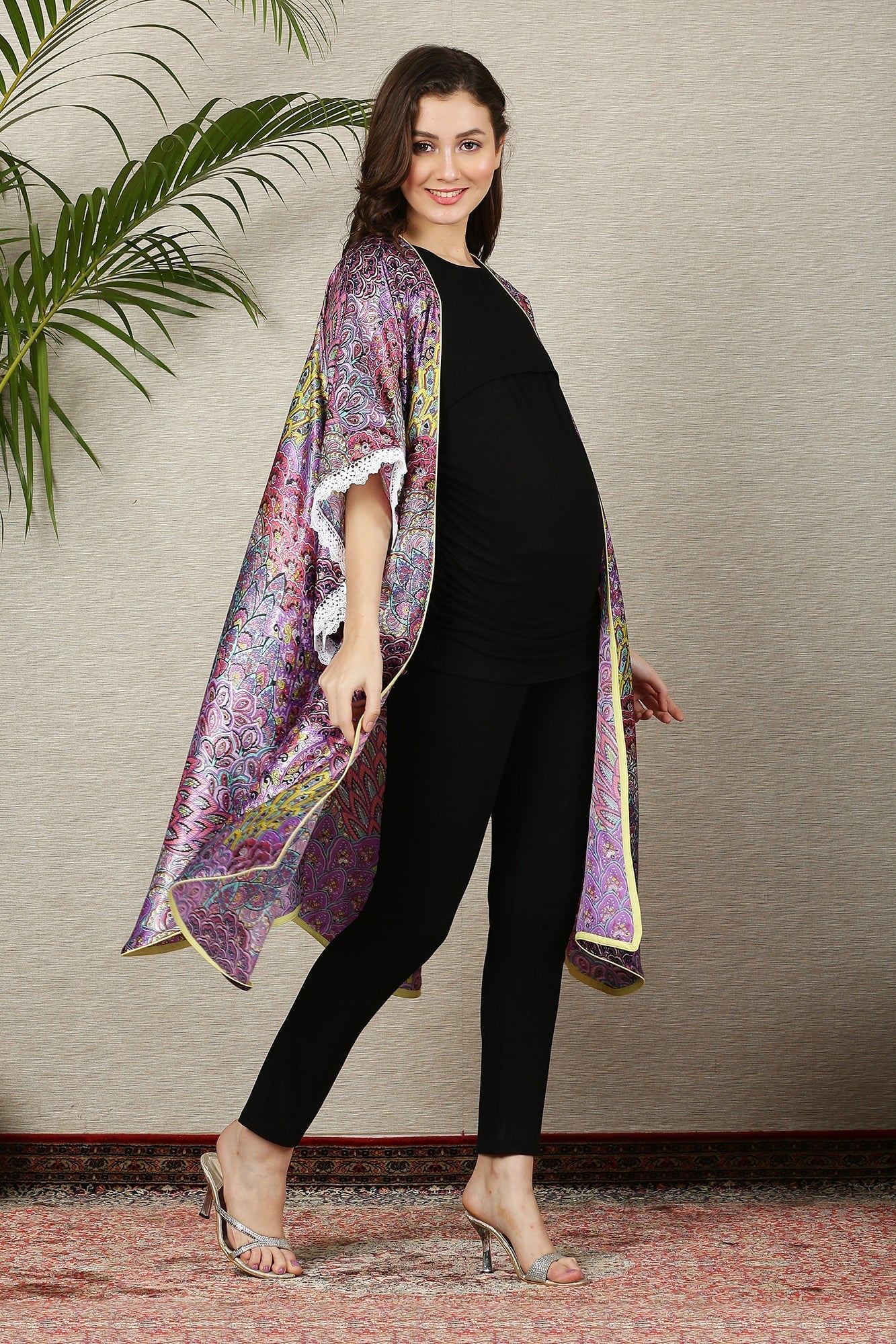 Plum Peacock Fringe Maternity Satin Cover Up - Chenance