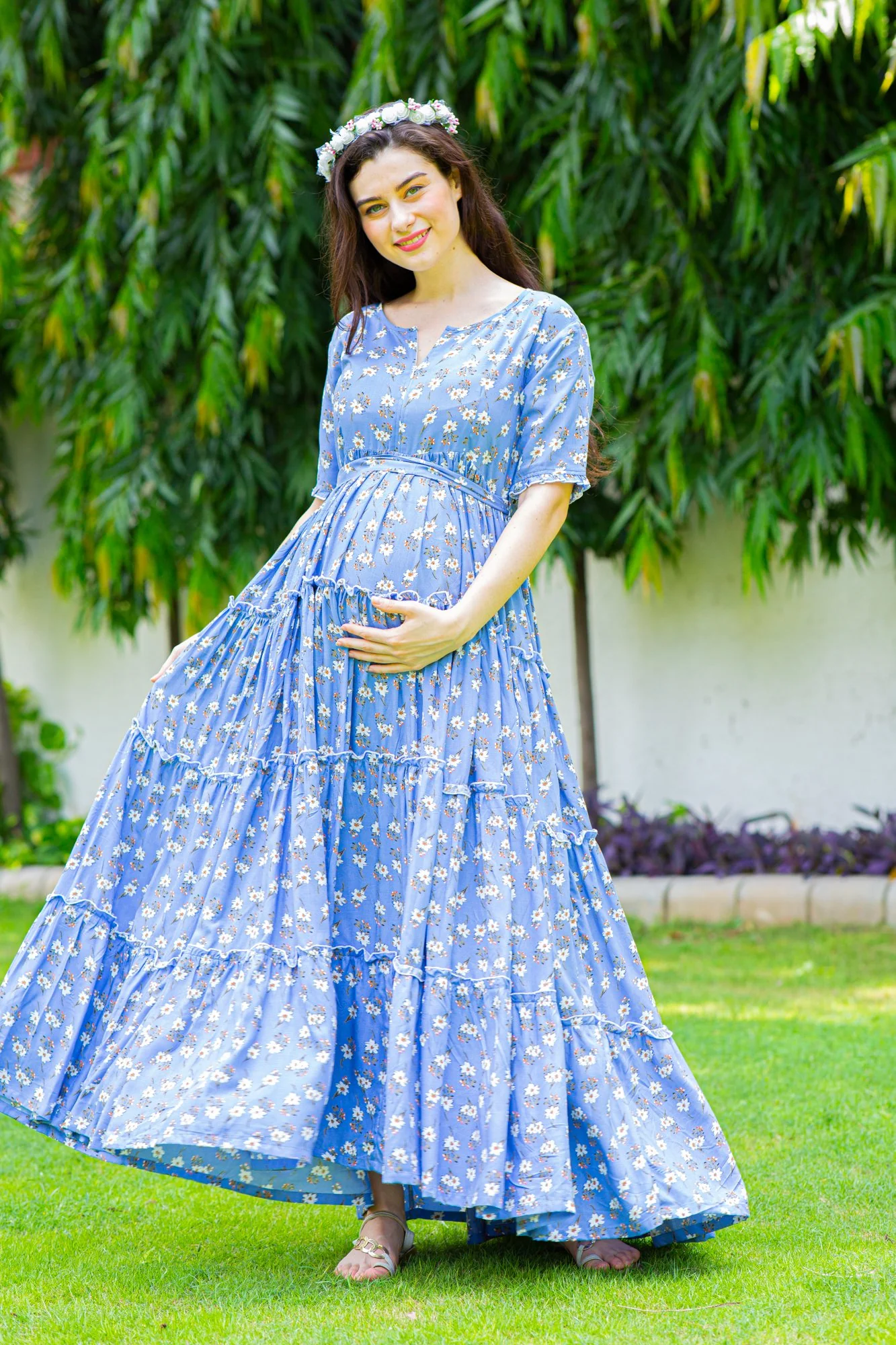 Baby Blue Frill Maternity & Nursing Dress - Chenance