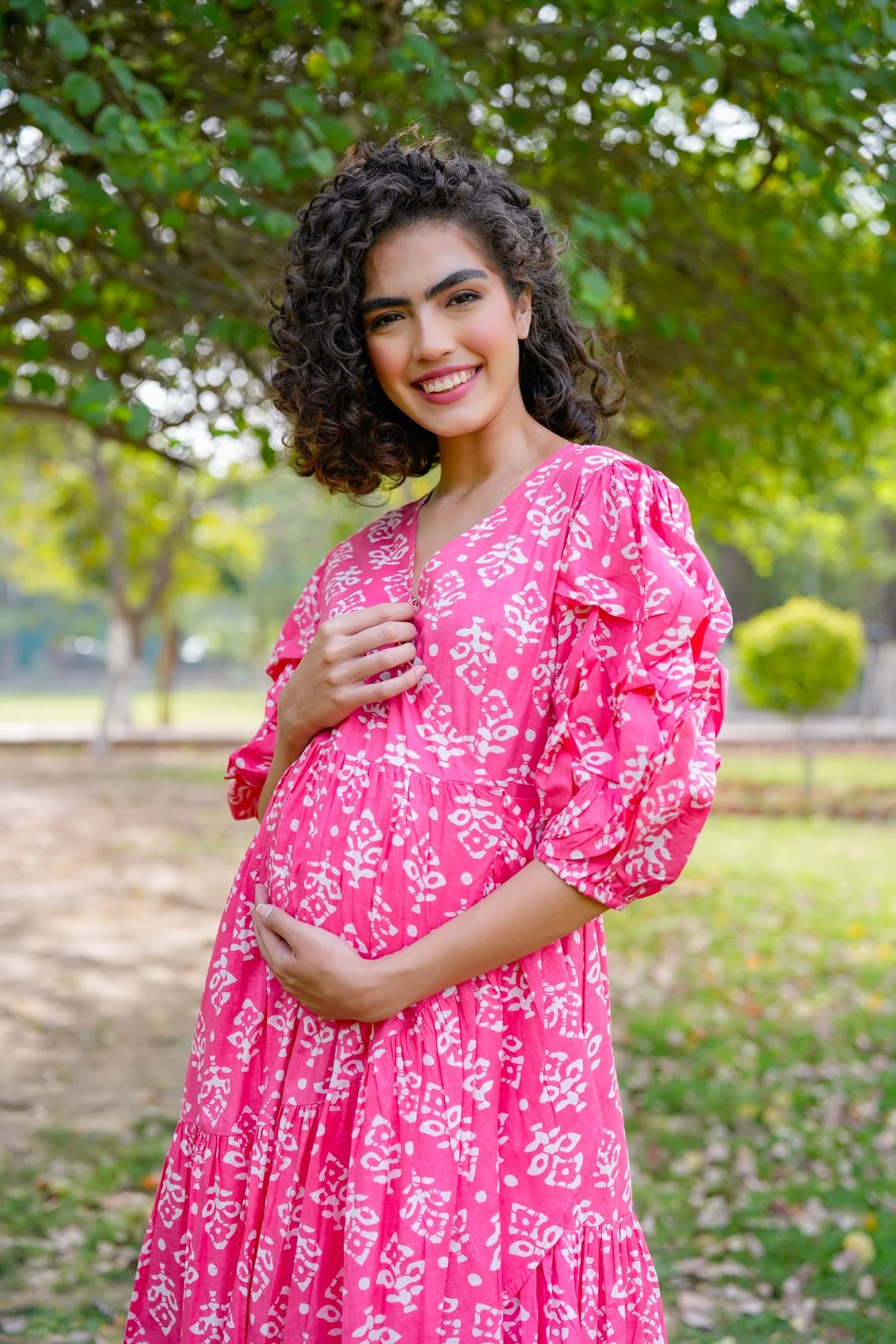 Winsome Baby Pink Maternity & Nursing Frill Wrap Dress (100% Cotton) - Chenance