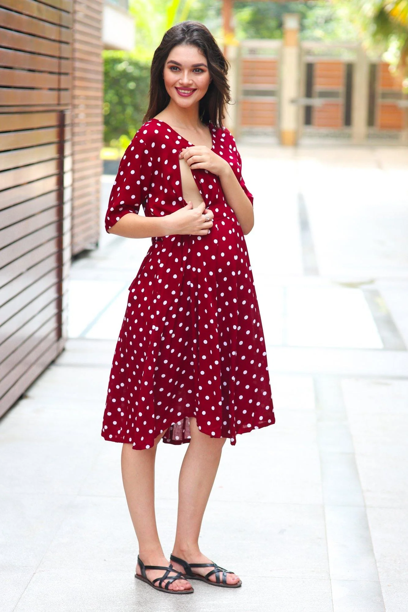 Burgundy Polka Maternity & Nursing Dress - Chenance