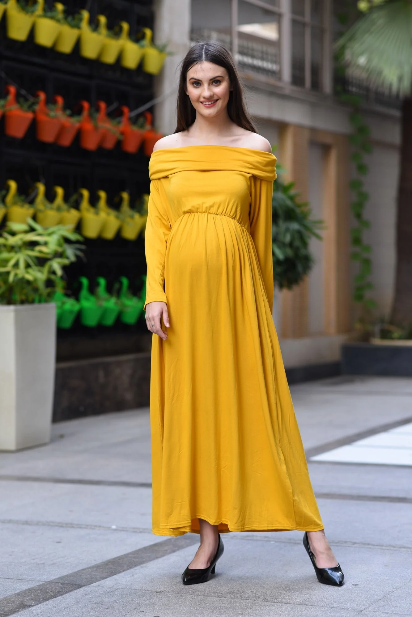 Honey Yellow Cowl Neck Off-Shoulder Maternity Maxi Dress - Chenance