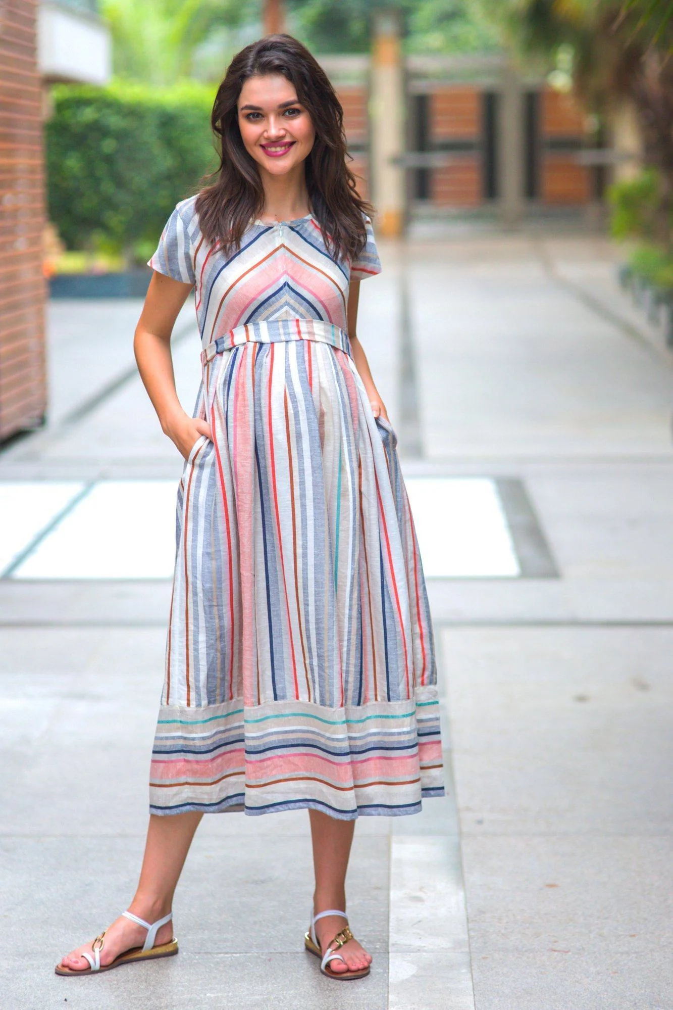Abstract Striped Linen Maternity & Nursing Dress - Chenance