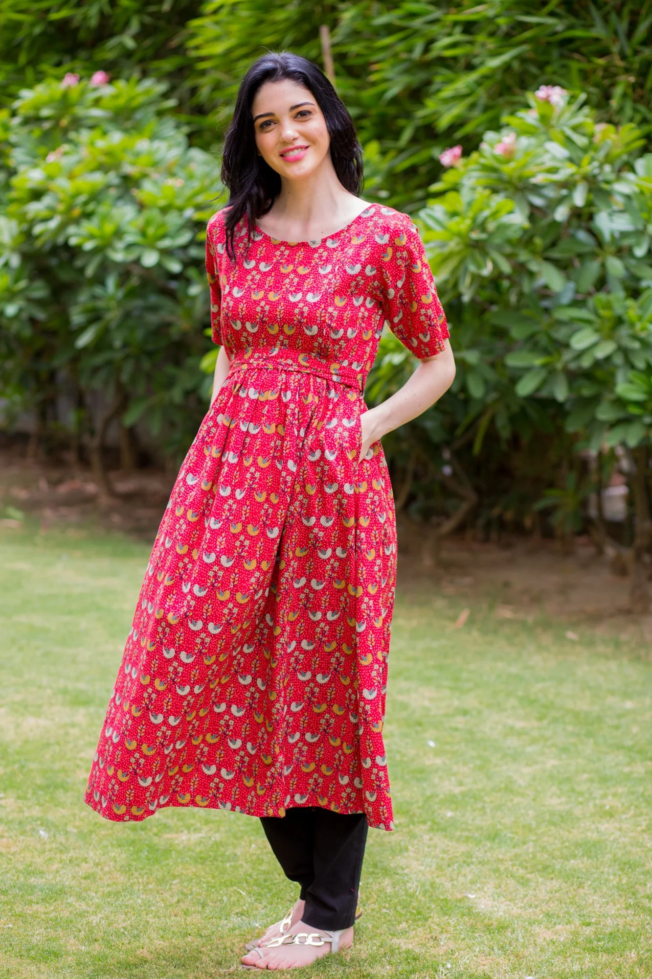 Chirpy Red Maternity & Nursing Concealed Zips Kurta Dress - Chenance