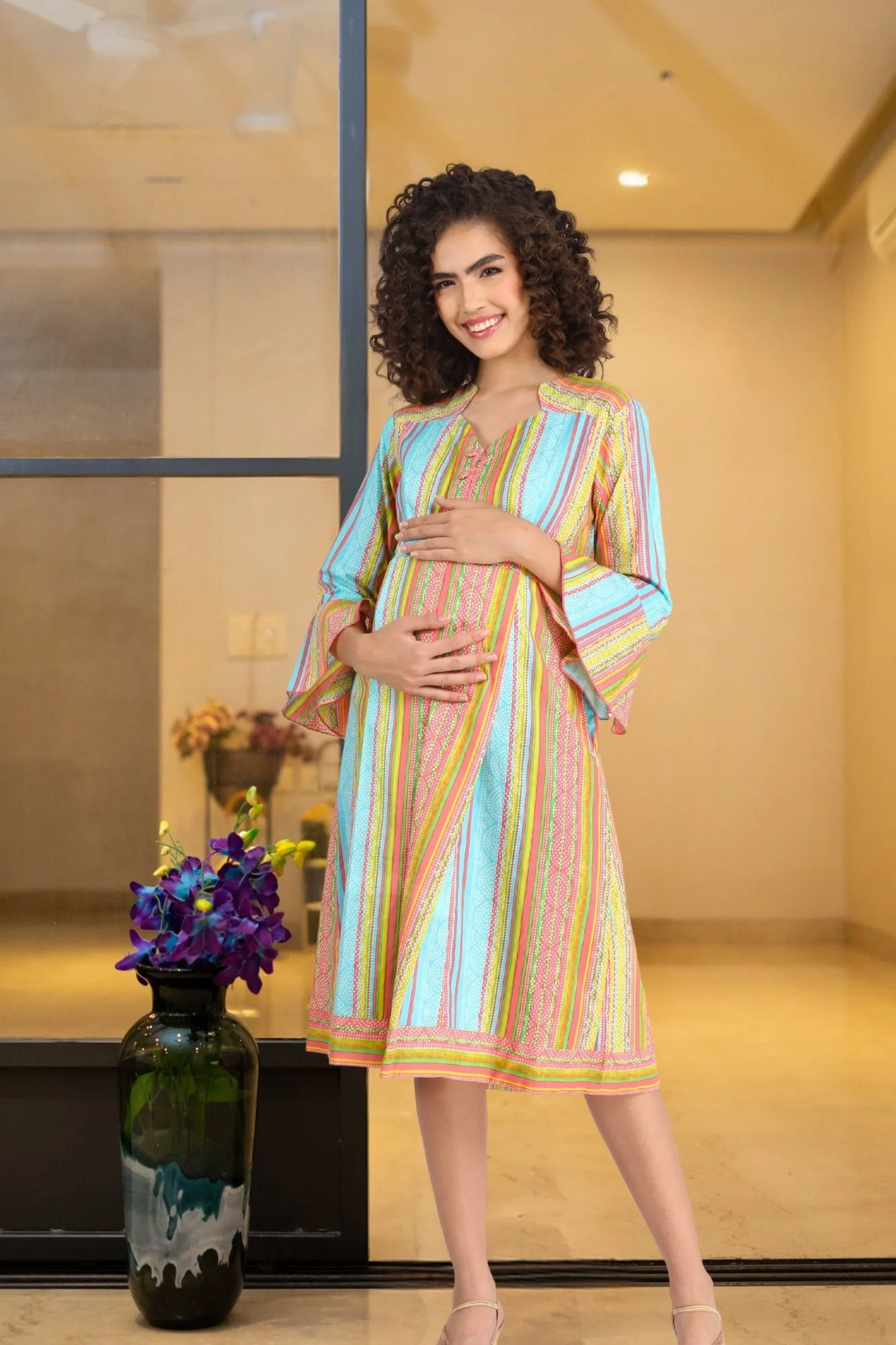 Striped Coral Maternity & Nursing Dress (100% Cotton) - Chenance