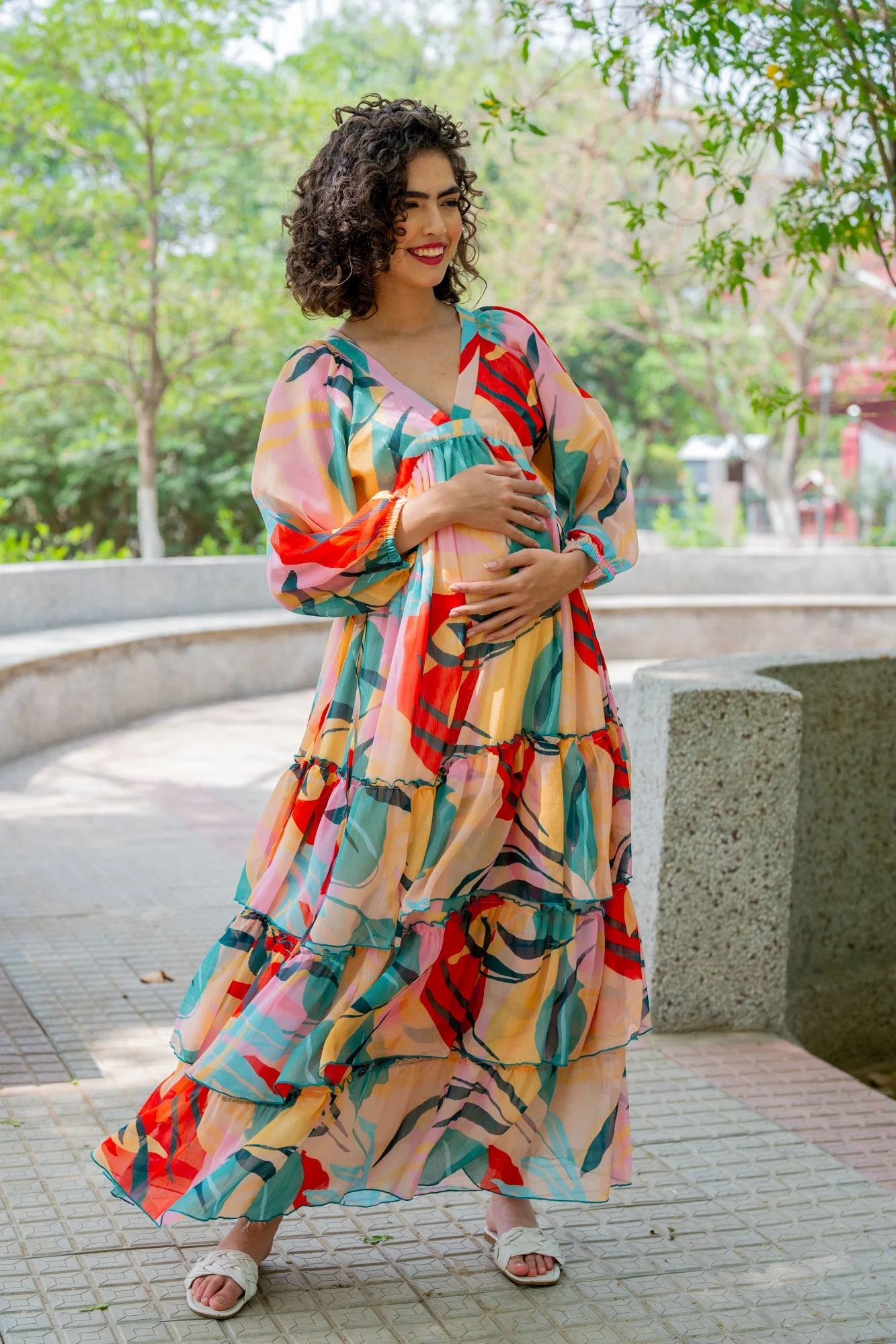 Cheery Retro Peach Leafy Maternity Layered Dress - Chenance
