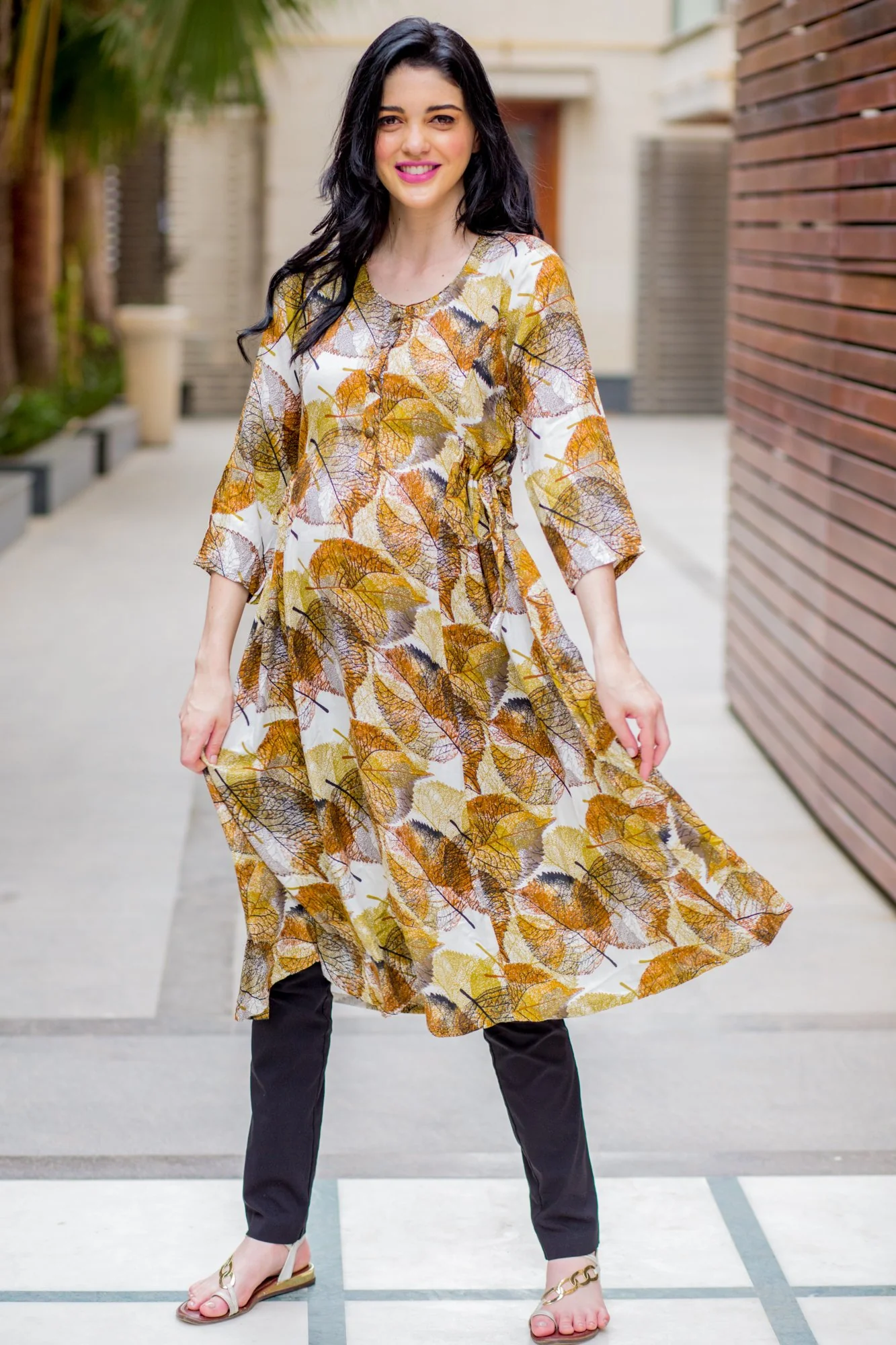 Cinnamon Leafy Maternity & Nursing Side Tie Kurta Dress - Chenance