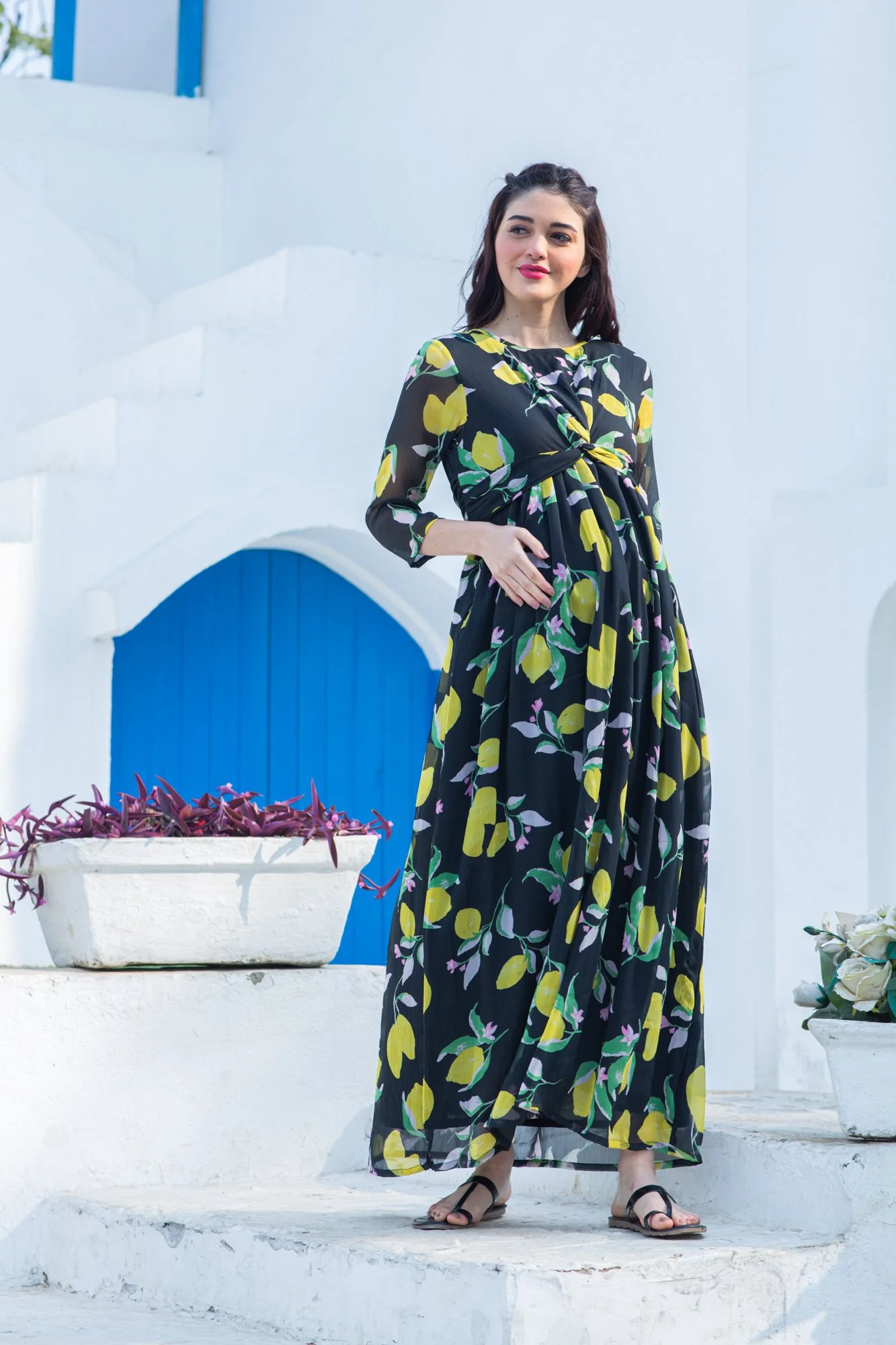 Midnight Lemon Crepe Maternity Knot Dress - Chenance