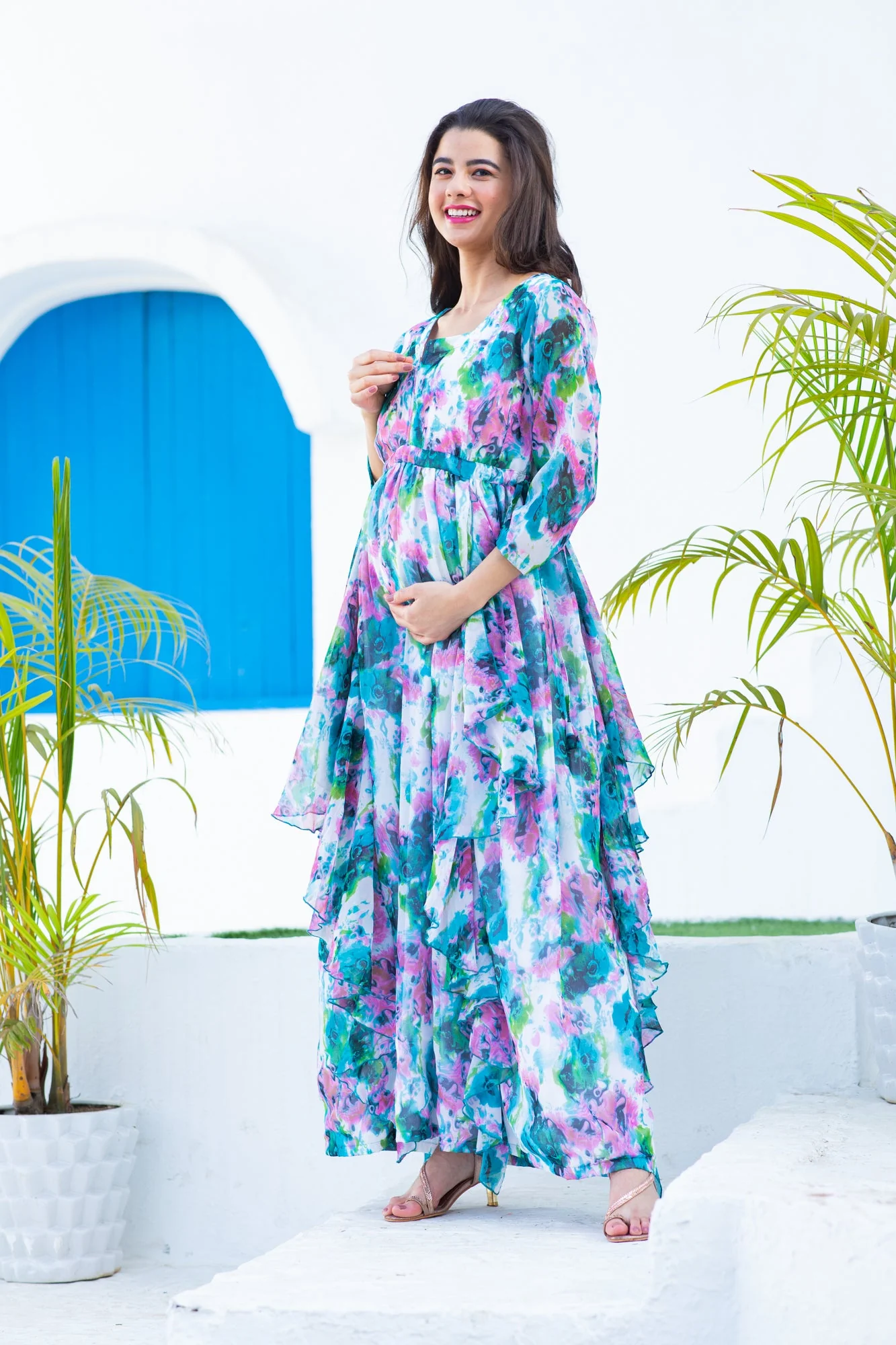 Luxe Vibrant Cascading Floral Maternity & Nursing Flow Dress - Chenance