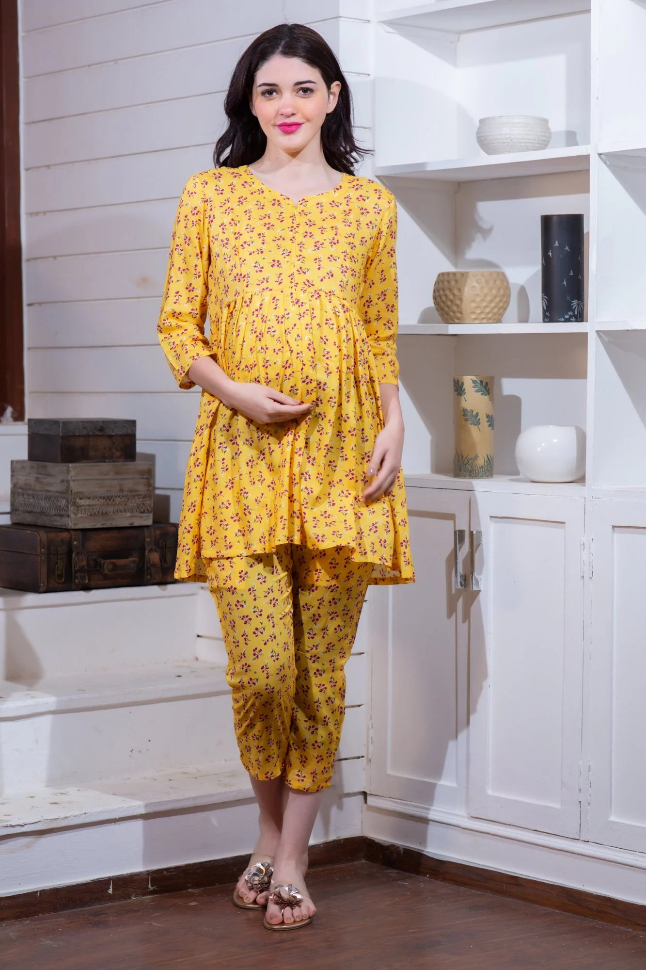 Angelic Yellow Maternity & Nursing Night Suit Set - Chenance