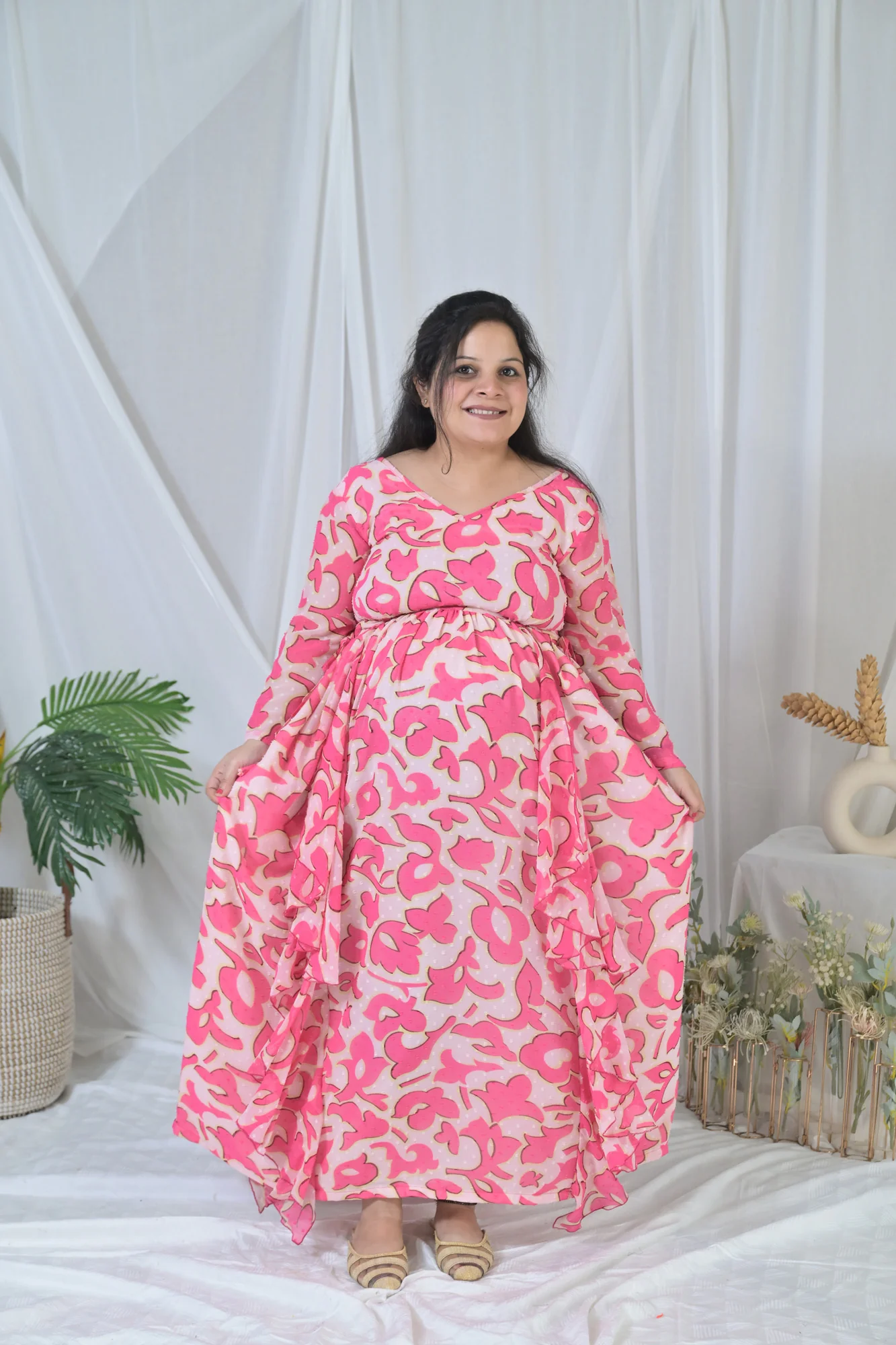 Jolly Pink Floral Maternity Flow Dress - Chenance