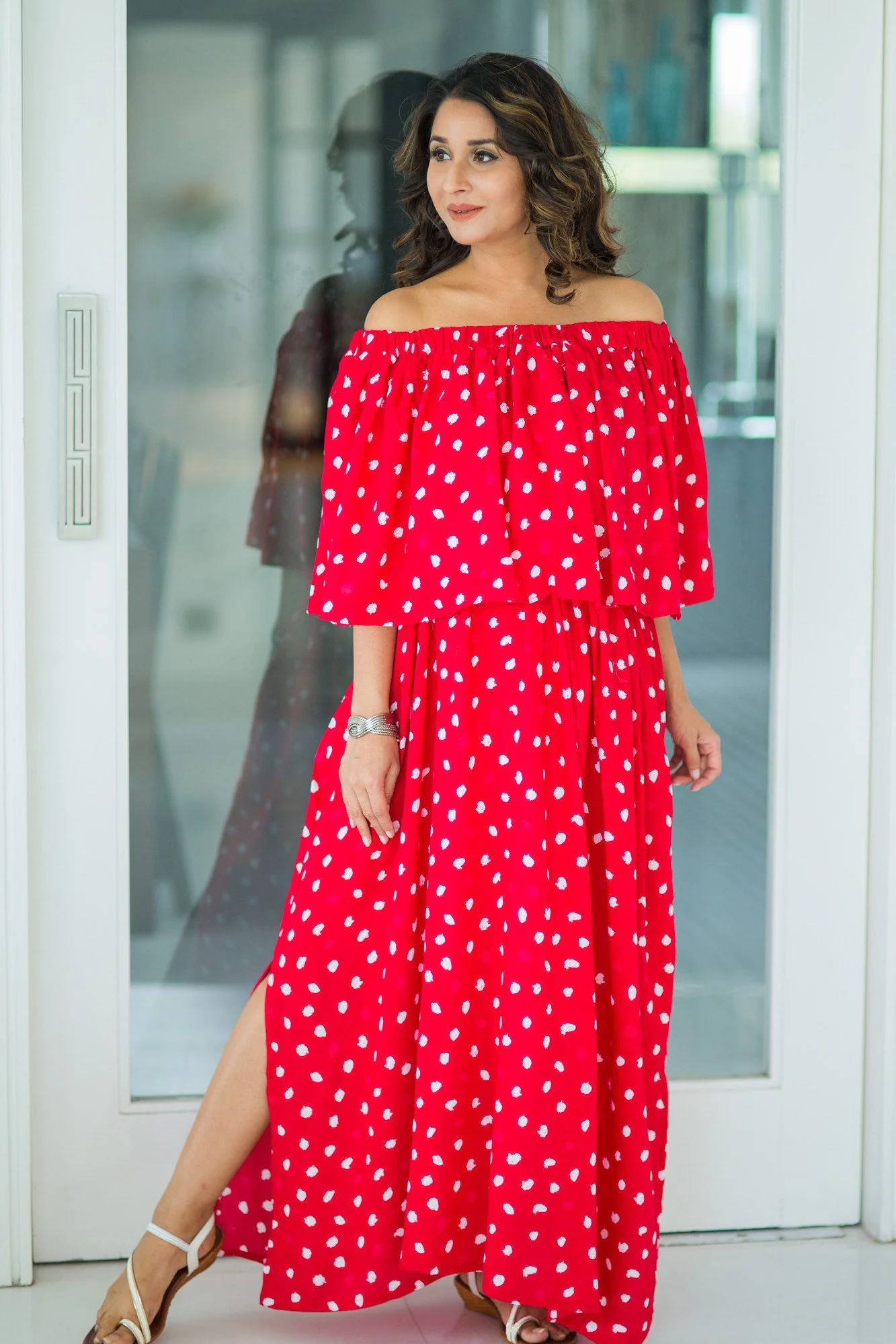 Cherry Red Off-Shoulder Maternity Maxi Dress - Chenance