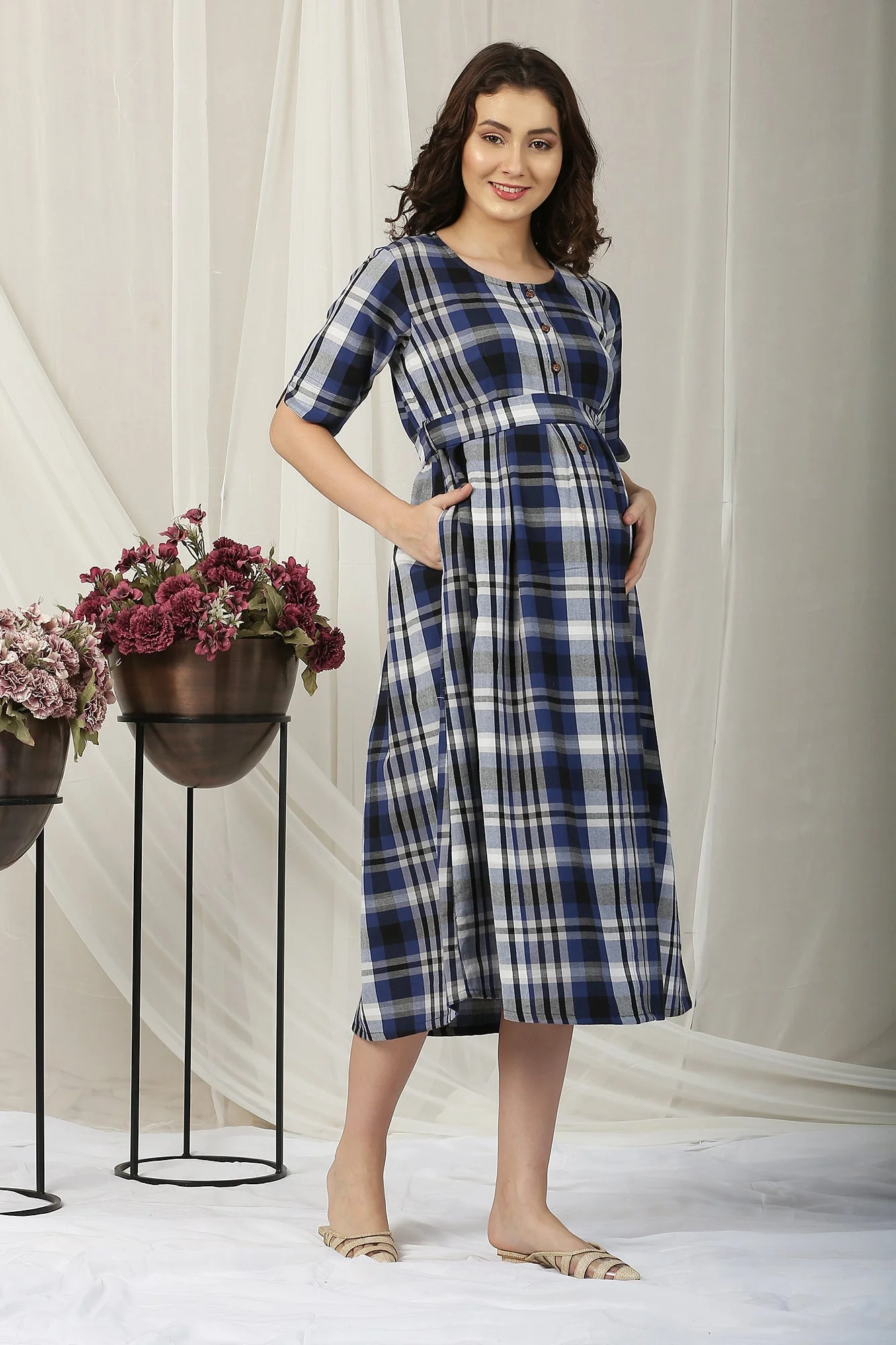 Classy Blue Plaid Maternity & Nursing Dress - Chenance