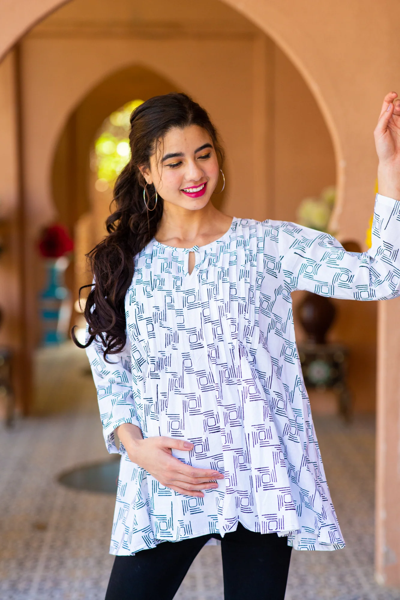 White Cotton Diamond Box Pintucks Maternity & Nursing Top - Chenance