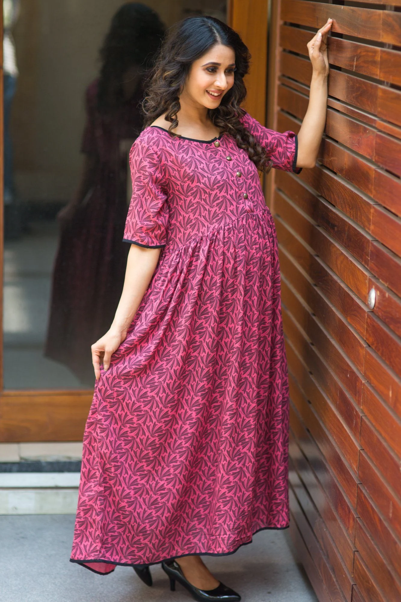 Pink Leaf Long Maternity and Nursing Kurta - Chenance