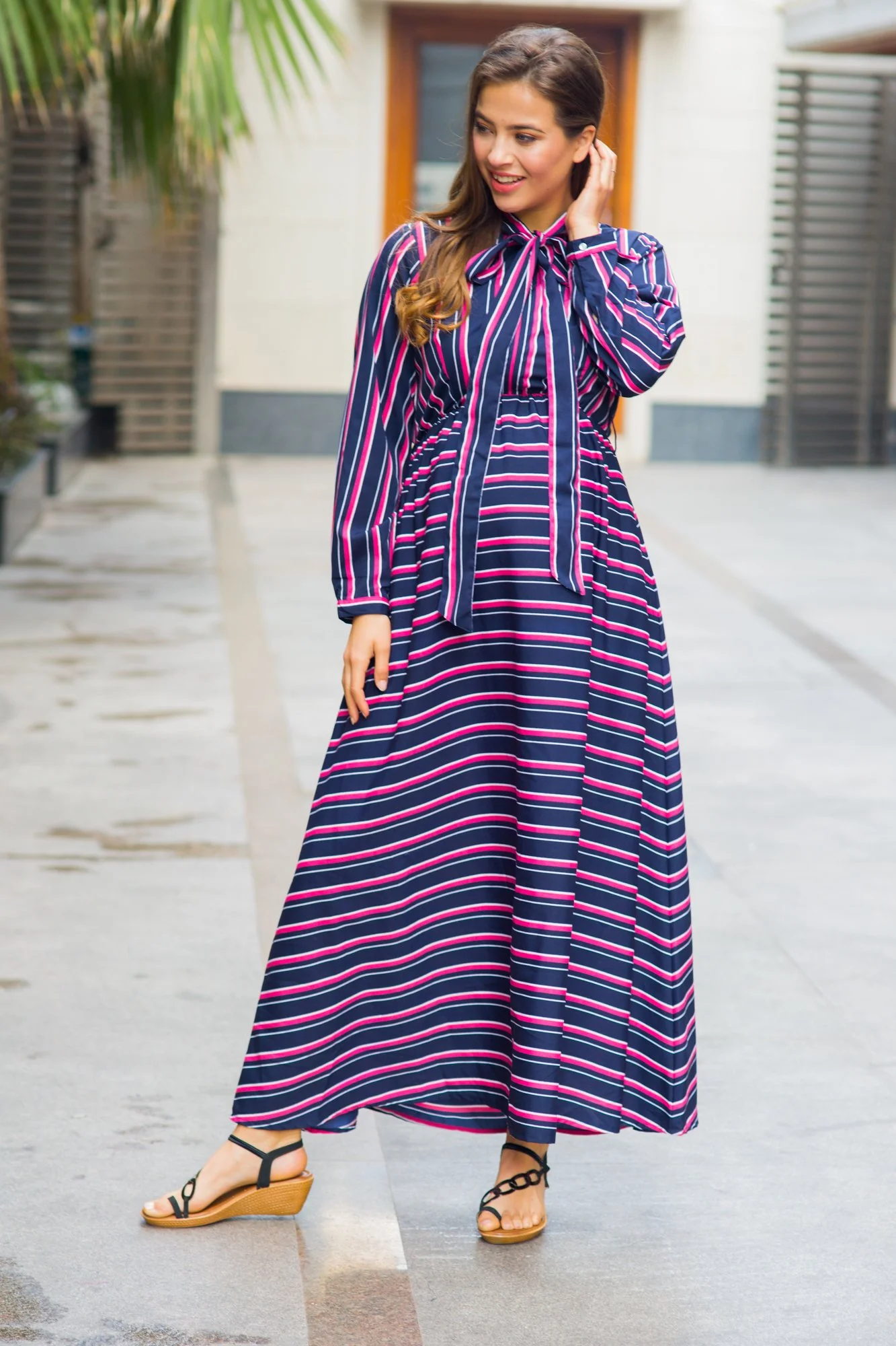 Unique Striped Neck Tie Bishop Sleeve Maternity & Nursing Dress - Chenance