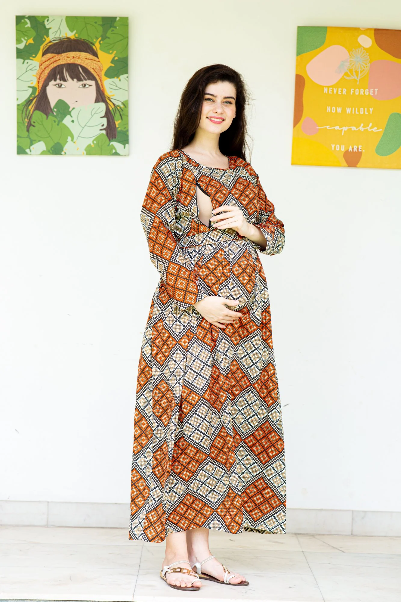 Loom Print Concealed Zip Maternity & Nursing Maxi - Chenance