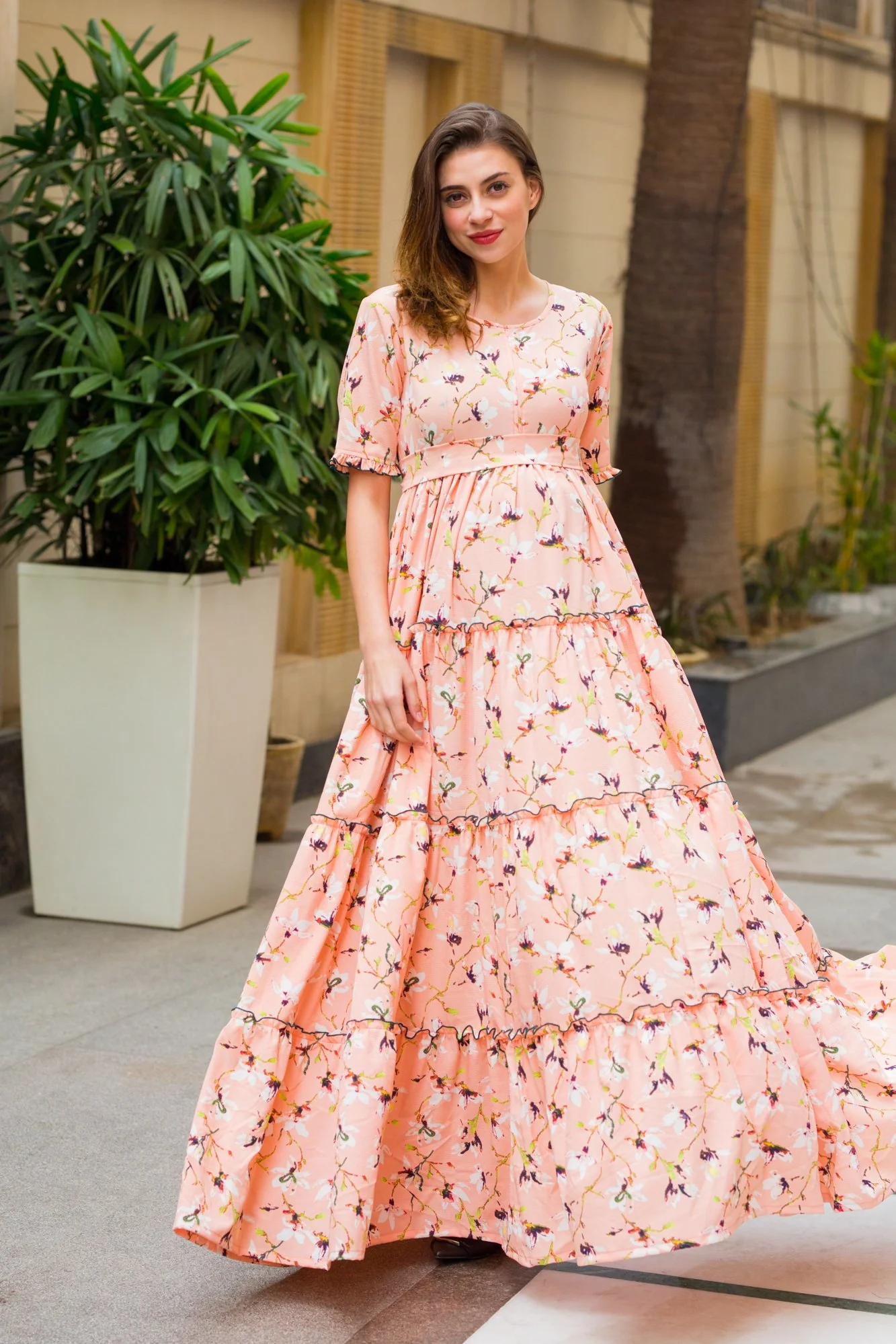 Mesmerising Peach Maternity & Nursing Frill Dress - Chenance