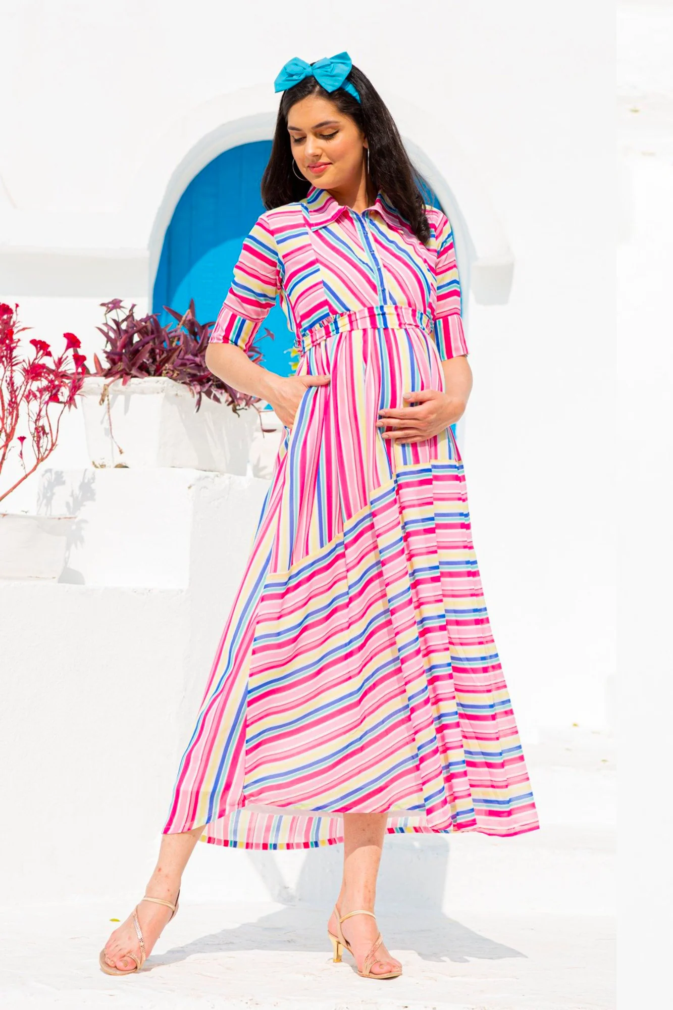 Vibrant Striped Maternity & Nursing Dress - Chenance