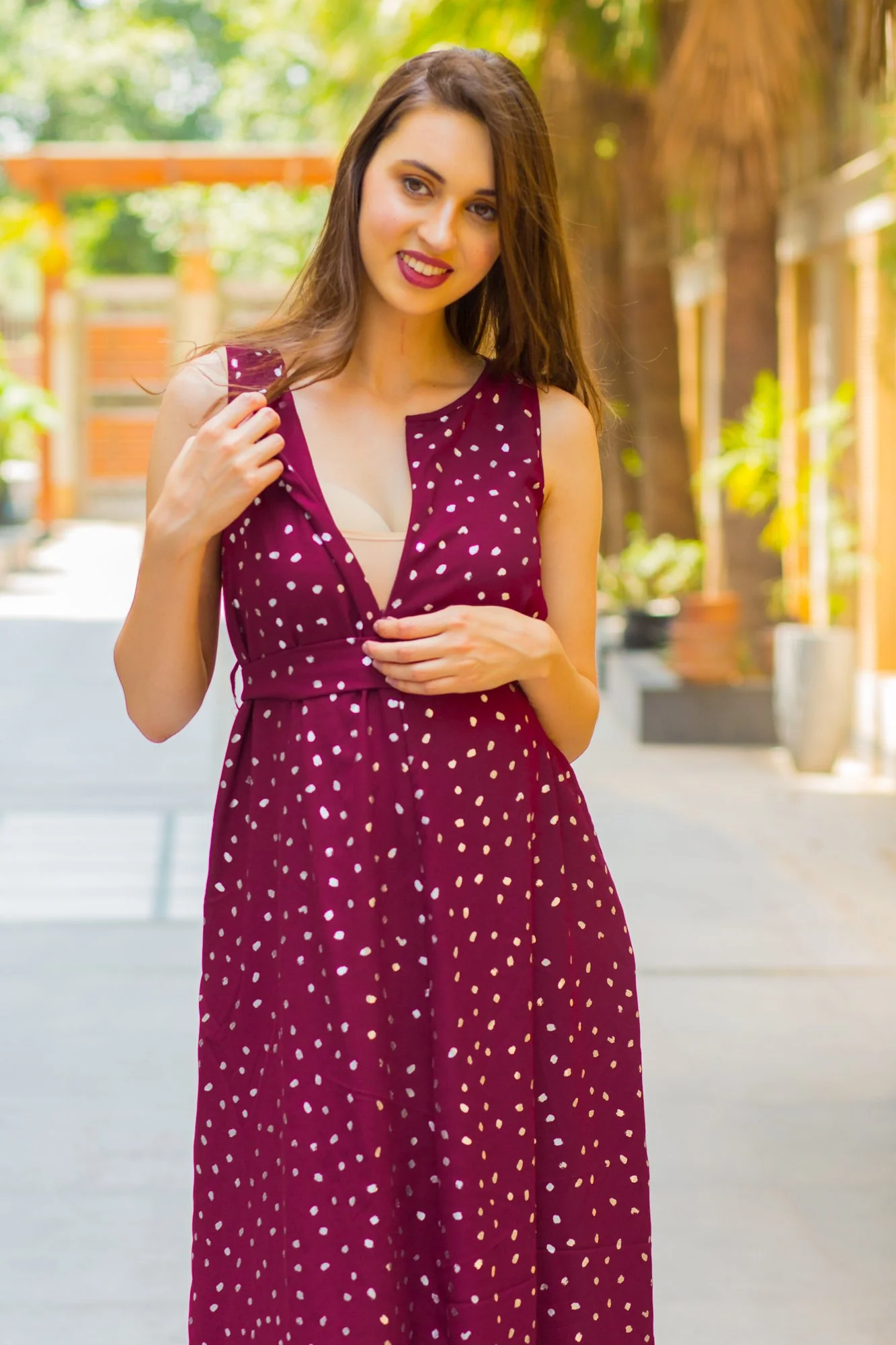 Burgundy Silver Embellished Sleeveless Maternity & Nursing Maxi Dress - Chenance