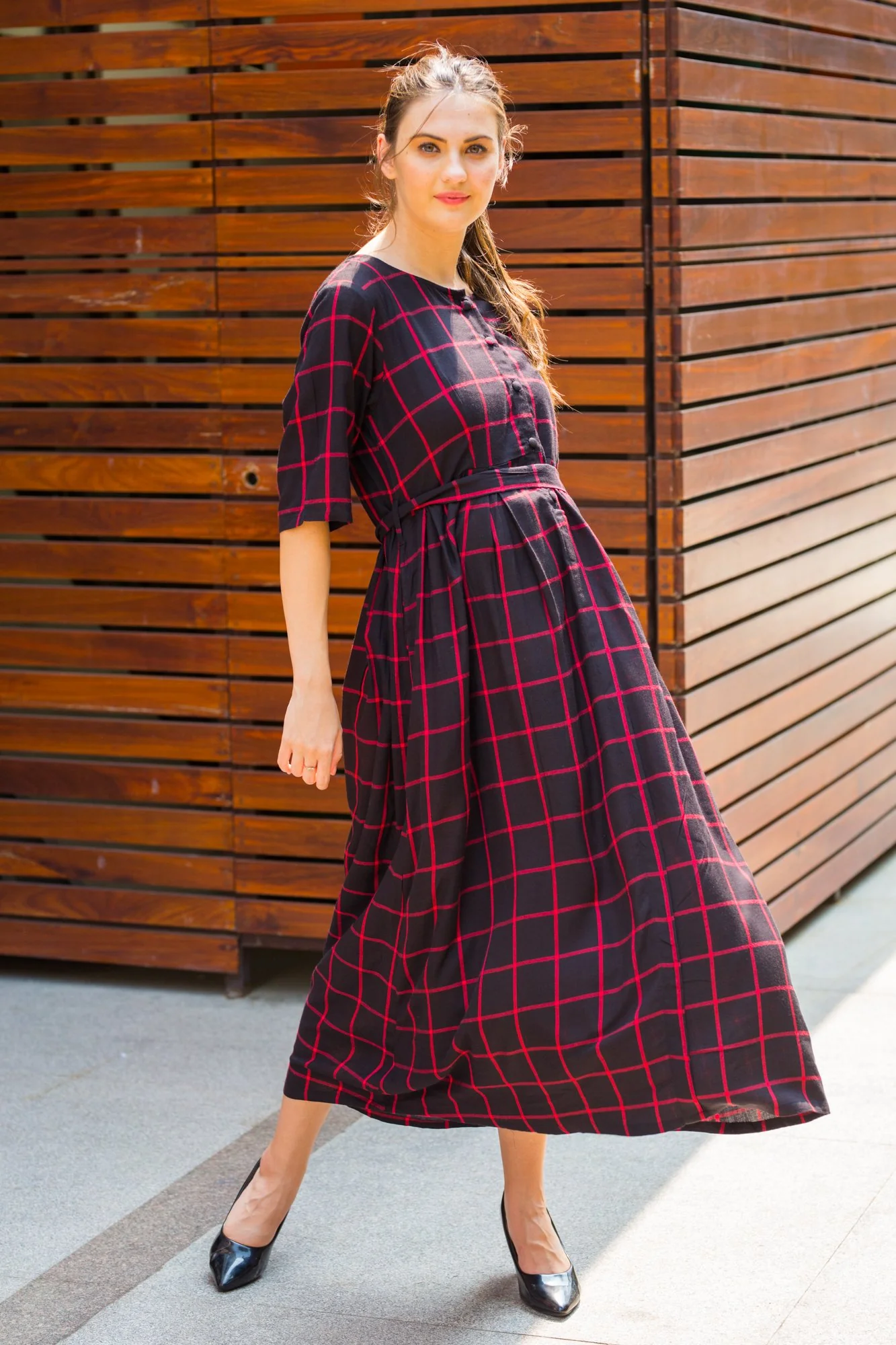 Black Red Viscose Plaid Maternity and Nursing Dress - Chenance