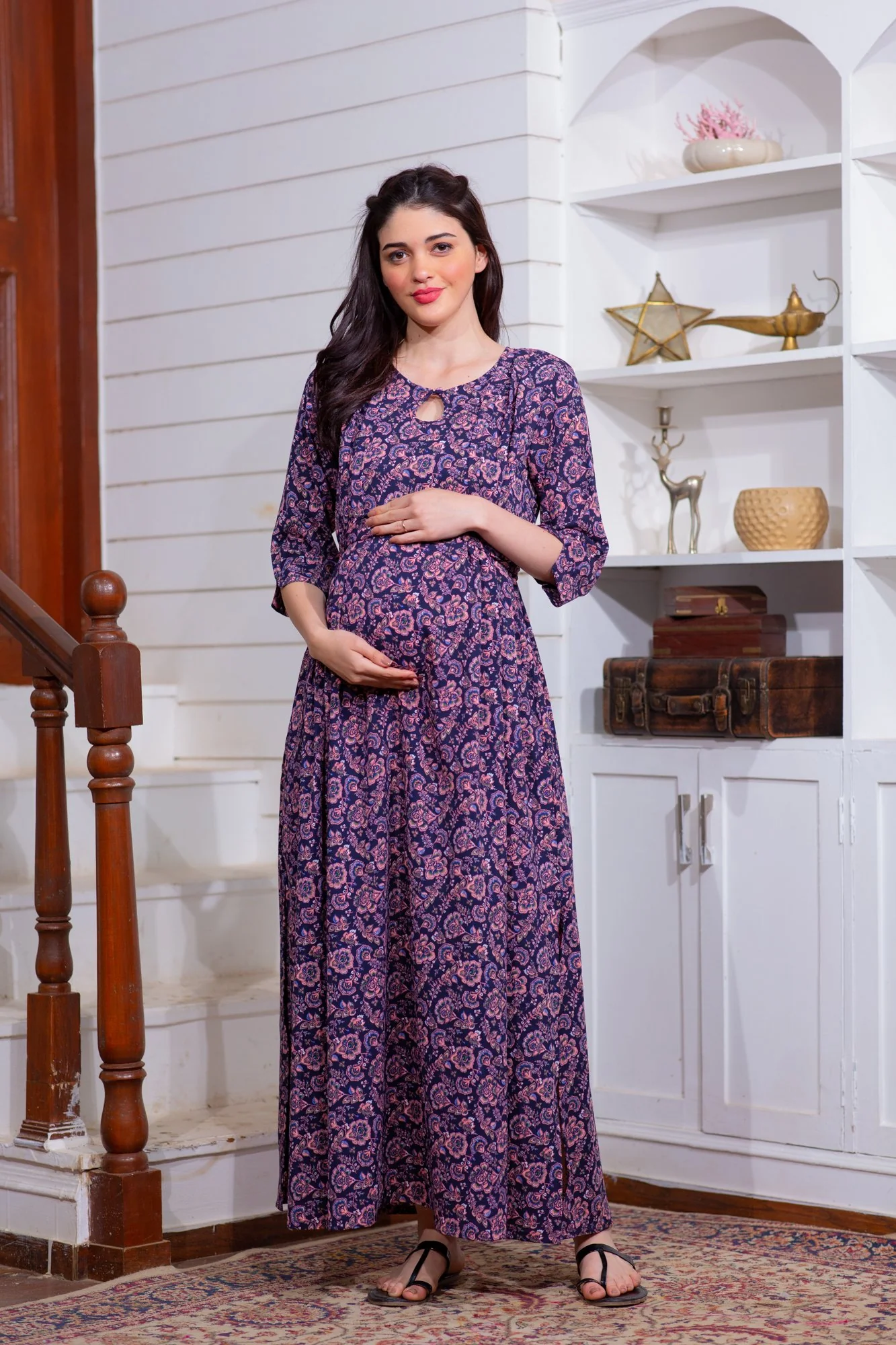 Violet Paisley Side Slit Maternity & Feeding Dress - Chenance