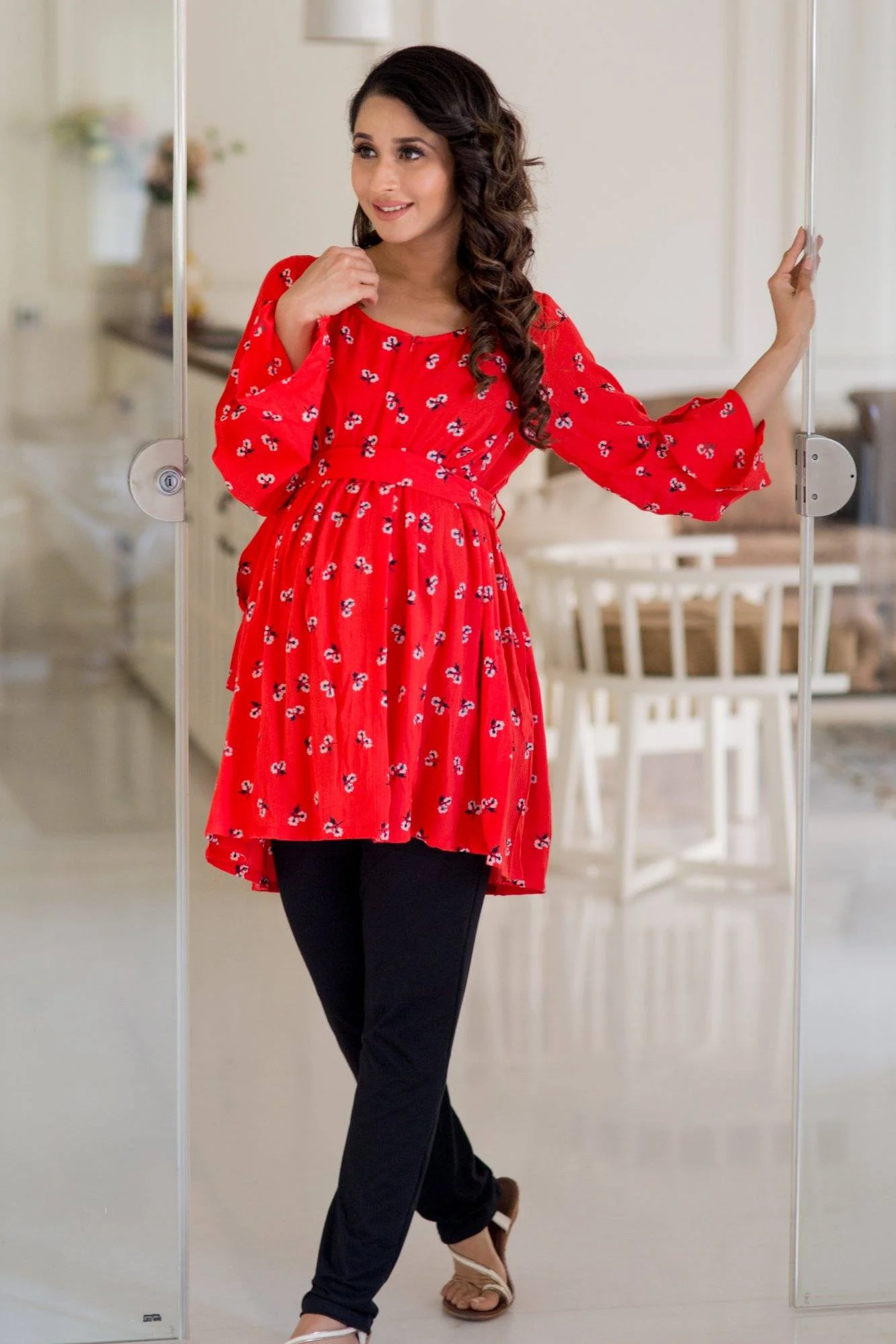 Floral Tangerine Gathered Maternity Top - Chenance