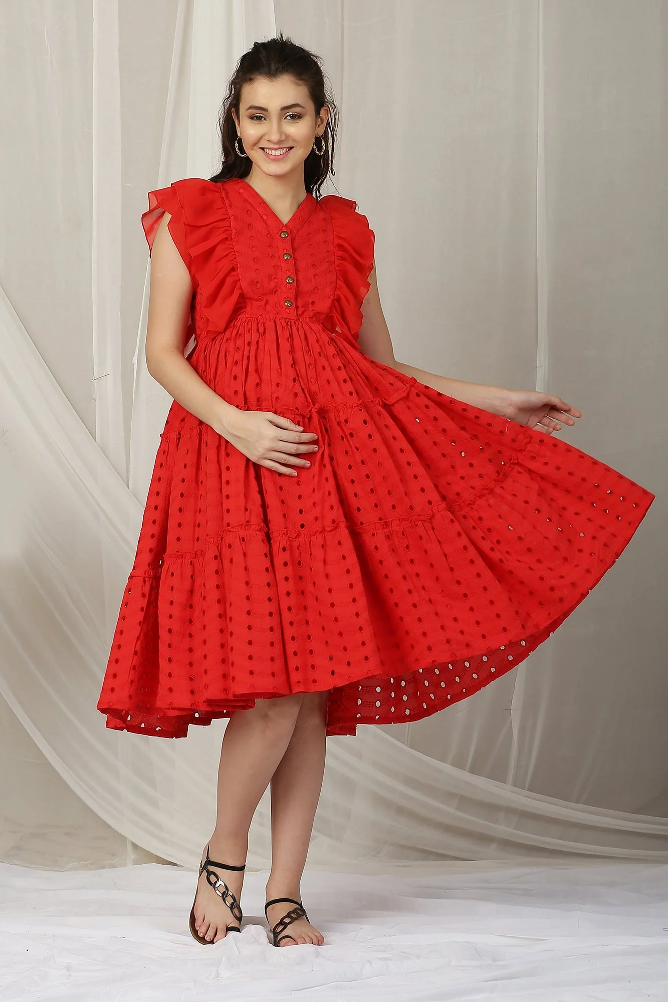 Retro Candy Red Maternity & Nursing Flowy Dress (100% Cotton) - Chenance