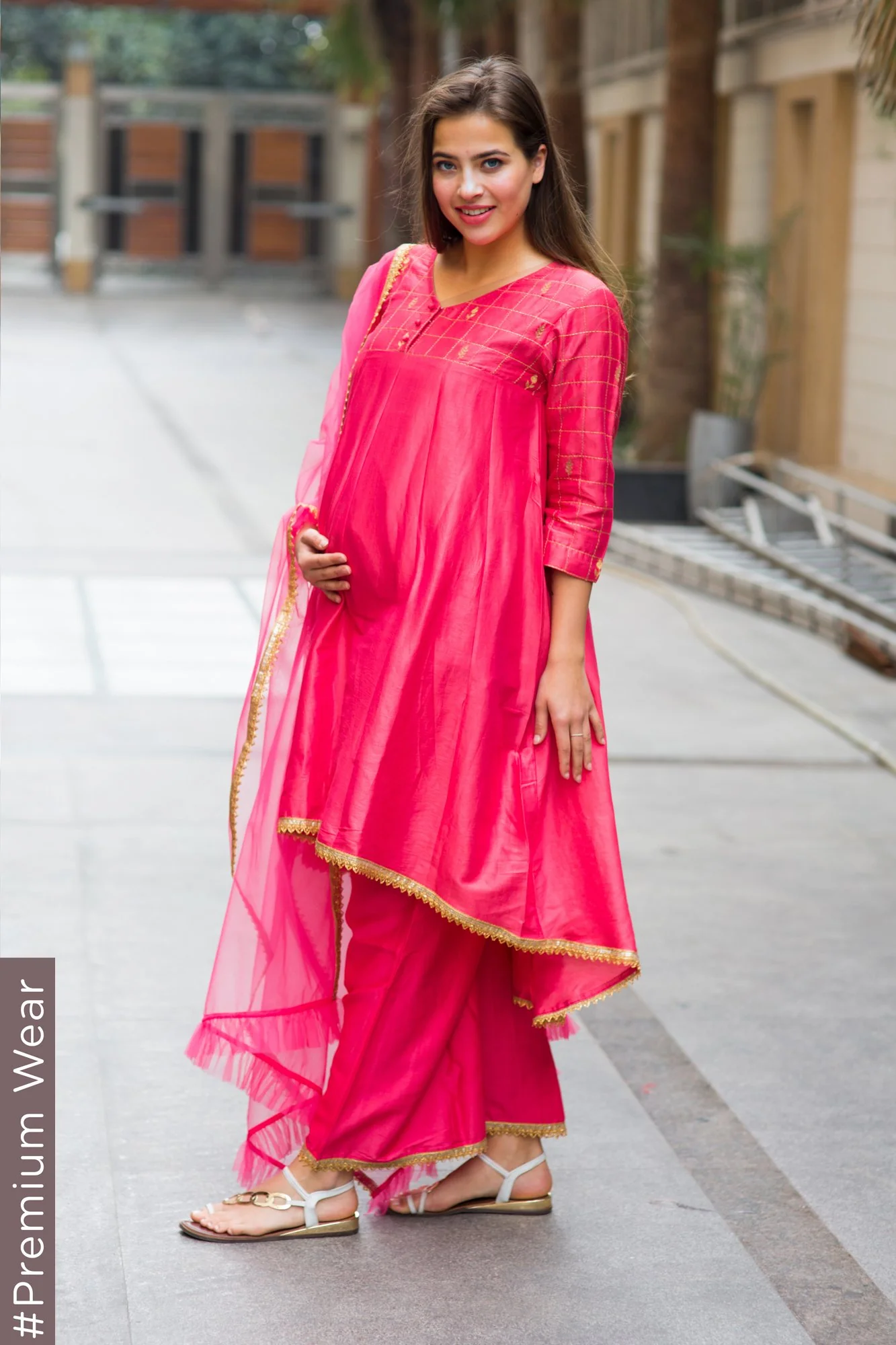 Premium Pink Chanderi Silk Gold Zari Maternity Suit Set (3 pc) - Chenance